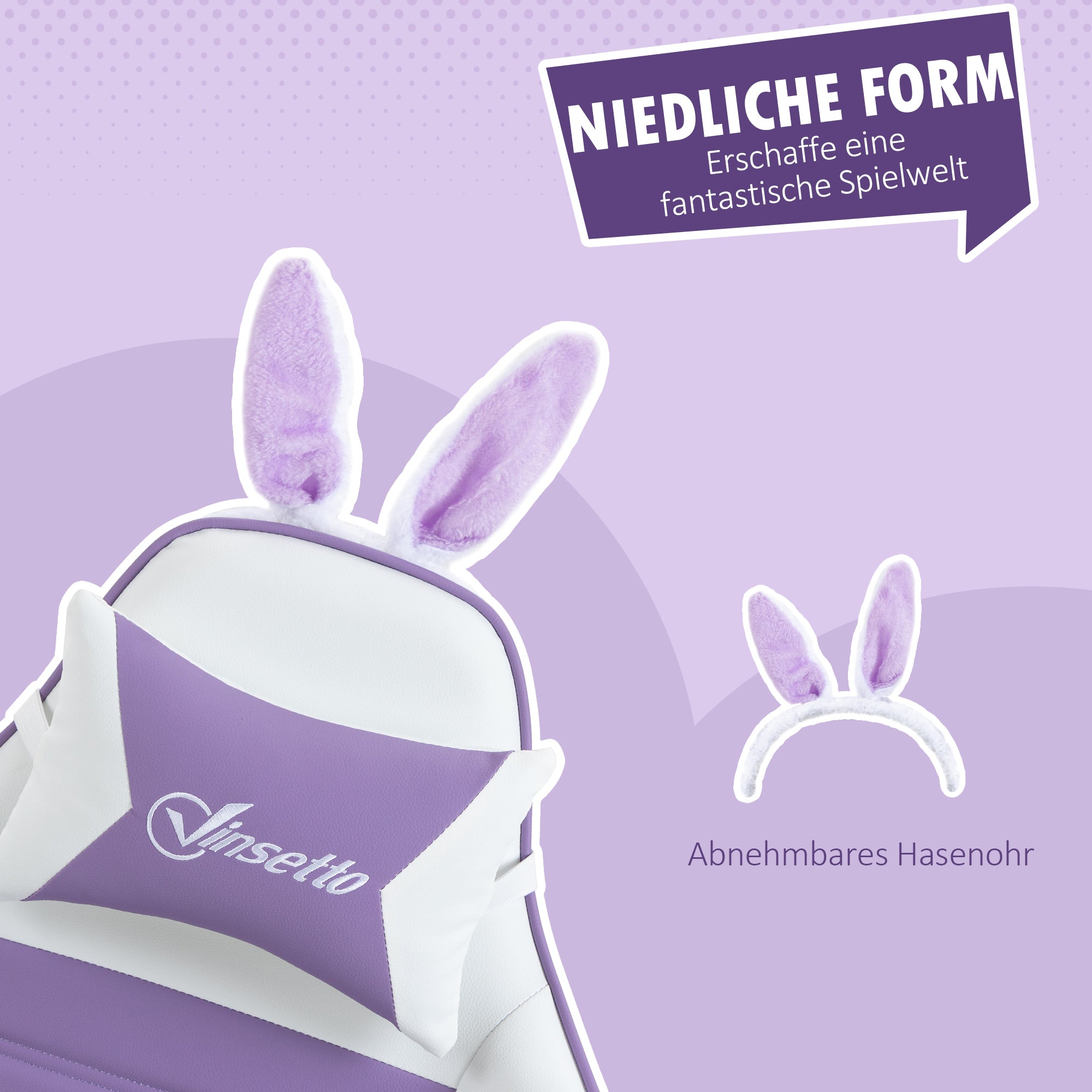 Vinsetto Gaming Stuhl Ergonomischer Gamer Stuhl mit Lendenwirbelstütze, Fußstütze Hasenohren Kopfkissen Violett