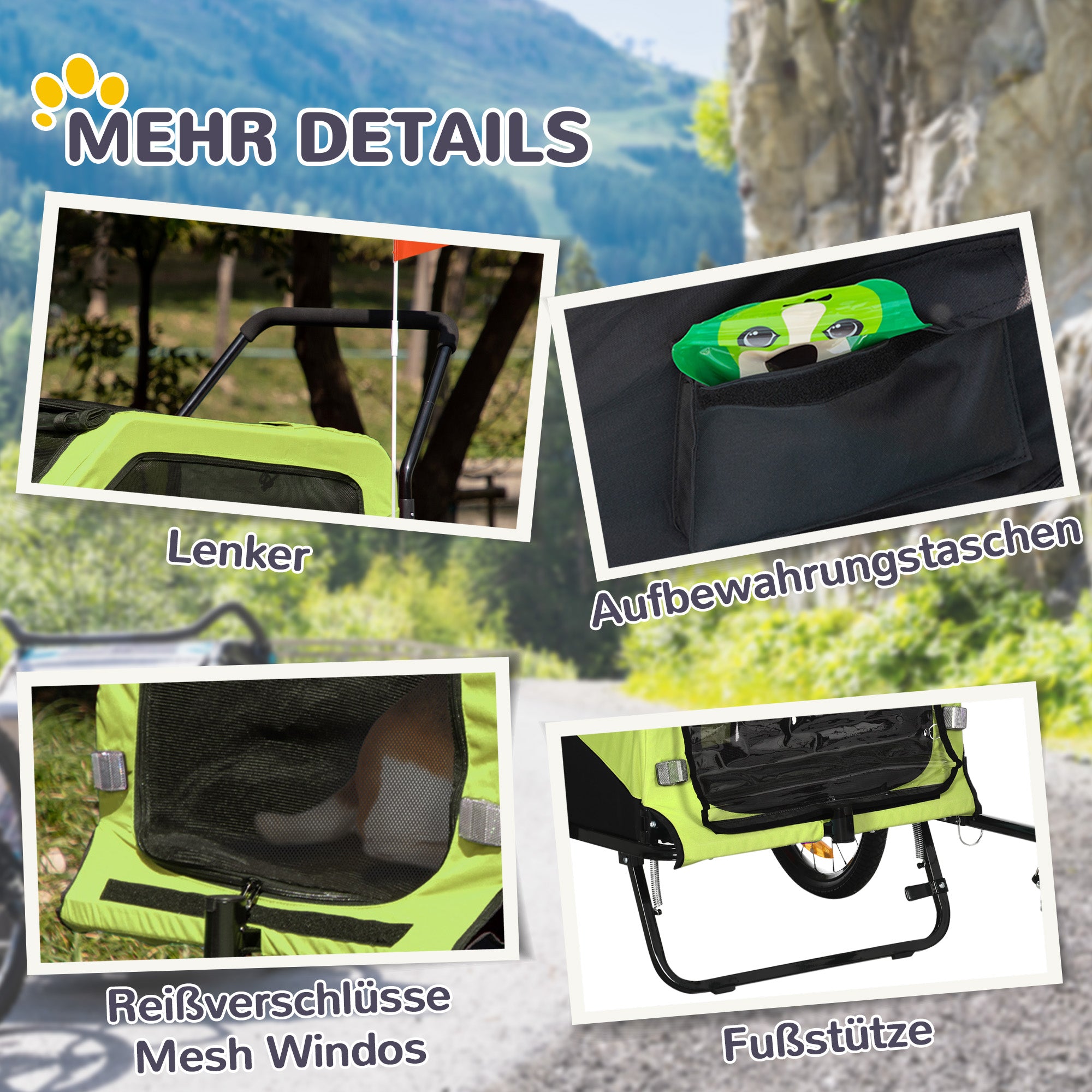 PawHut 2in1 Hundeanhänger, Schiebefunktion, 2 Eingänge, Netzfenster, Sonnenschutz, Stahlrahmen, grün, 170 x 77 x 90 cm