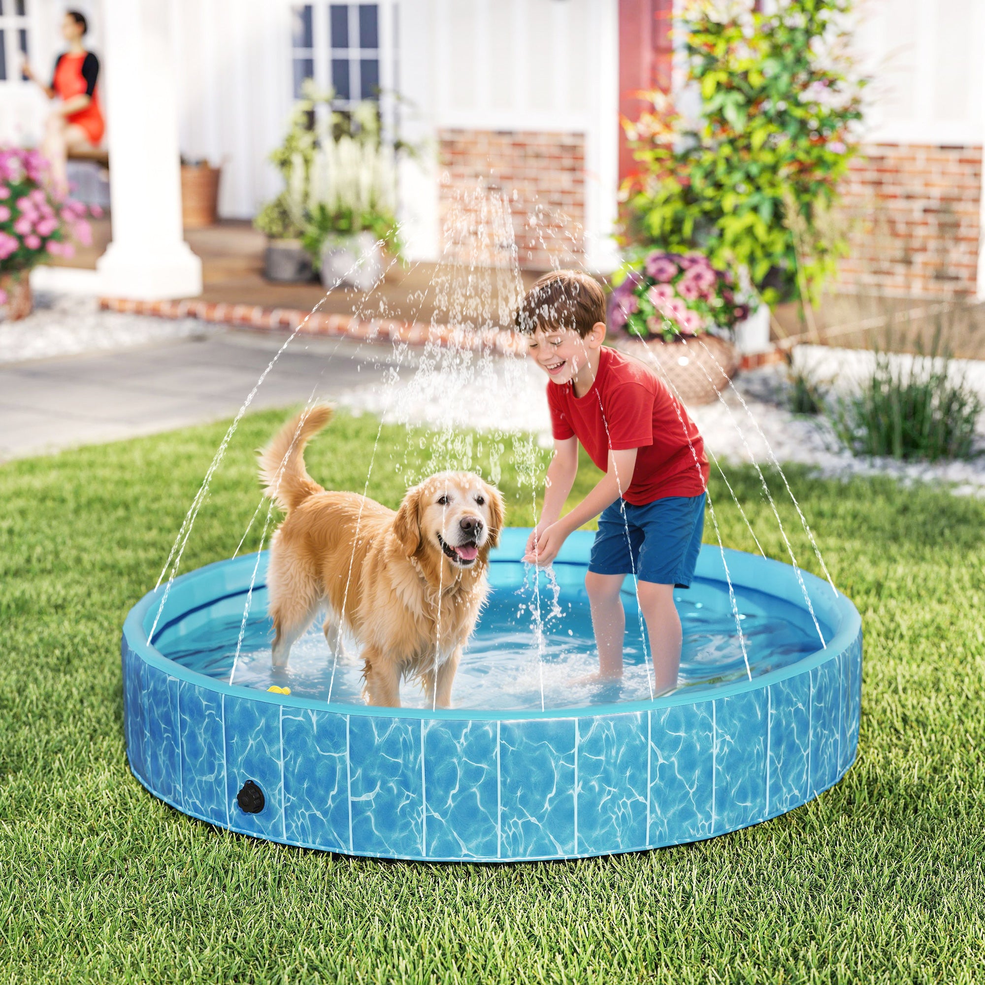 PawHut Hundepool Faltbar Planschbecken mit Brunnen- und Wasserpolsterdesign Ø160 x 30 cm Blau
