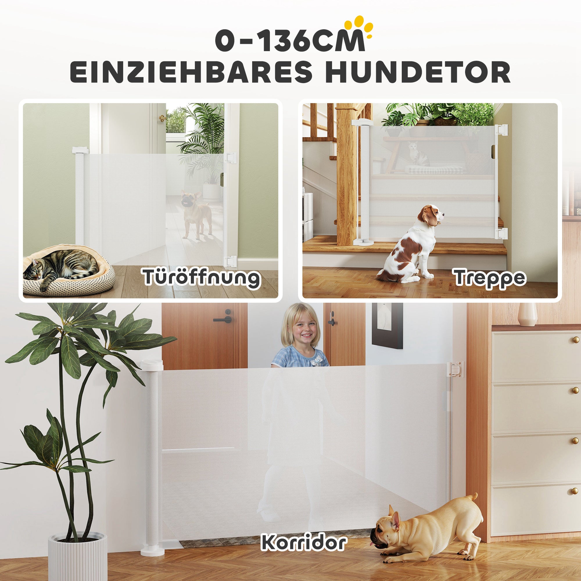 PawHut Treppenschutzgitter Ausziehbar 0-136cm 87 cm Hoch Türschutzgitter für Haustiere 142 x 10 x 87 cm Weiß