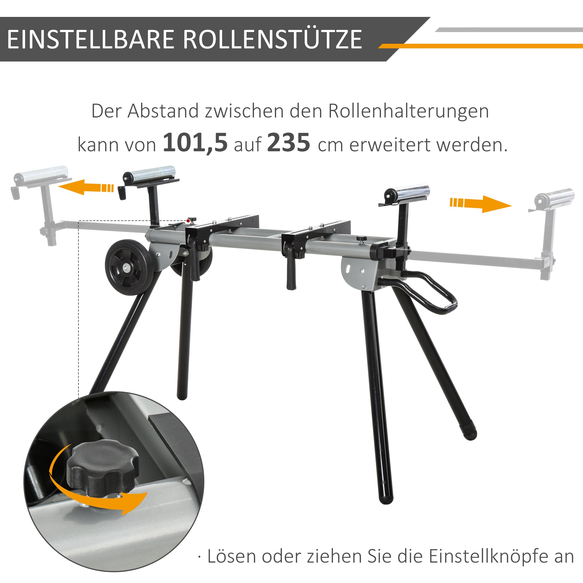 DURHAND Untergestell für Kappsägen Arbeitstisch für Kapp- und Gehrungssägen Sägengestell Kappsäge Stahl Schwarz+Silber Seitenverlängerung 123,5-245 cm