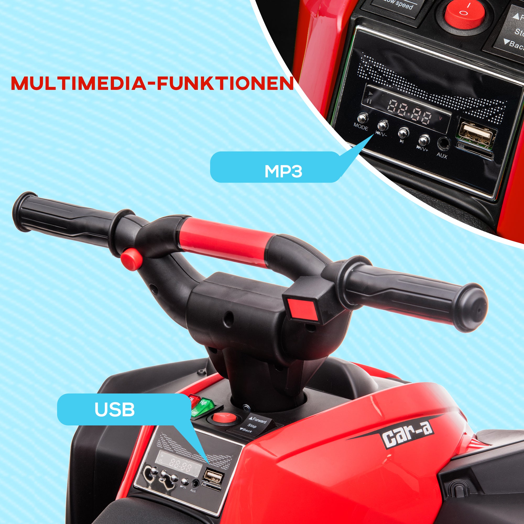 HOMCOM Elektro-Kinderquad, LED-Scheinwerfer, MP3-Player, Stoßdämpfer, ergonomischer Sitz, Rot+Schwarz