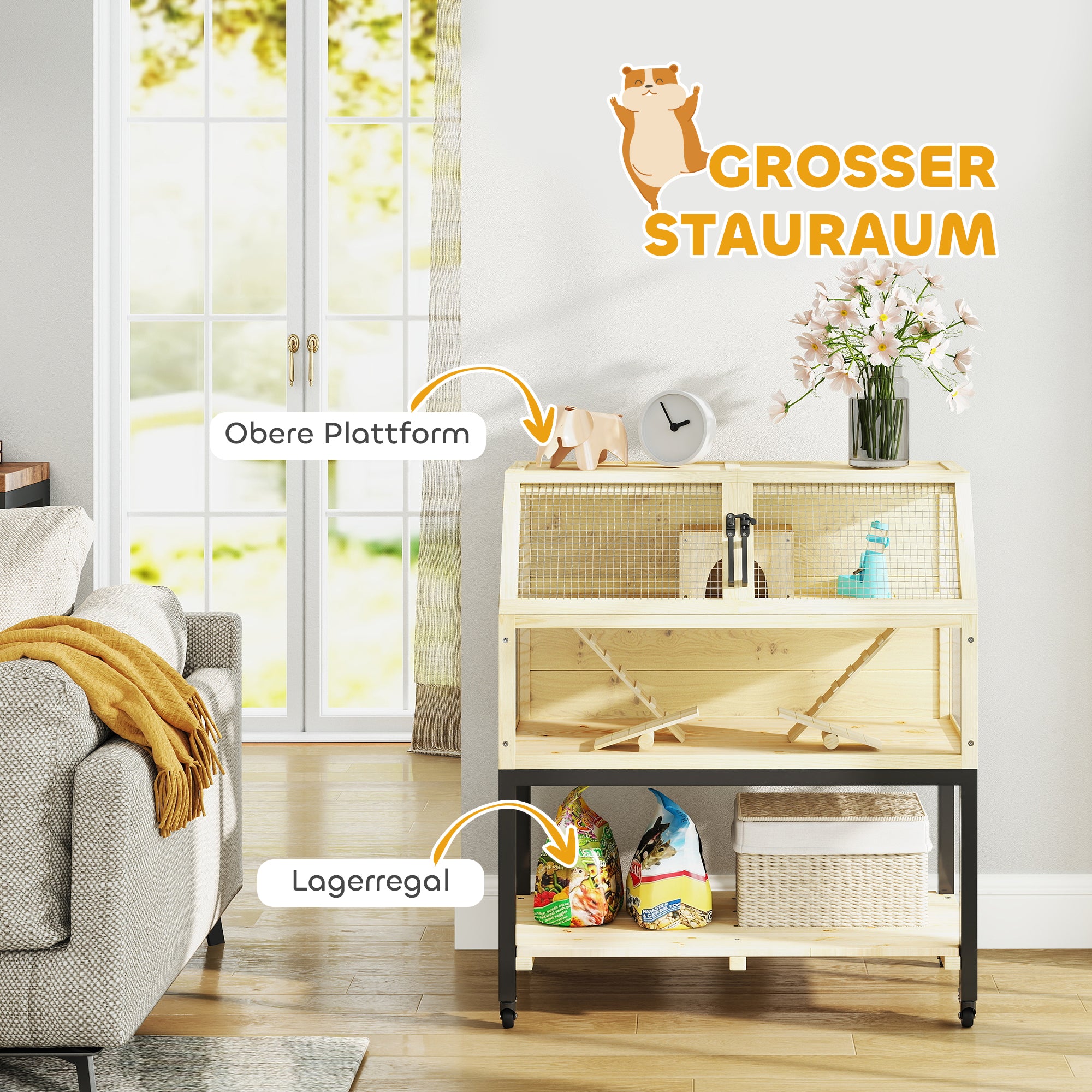 PawHut Zwerghamsterkäfig aus Holz mit Ablagefach, Rädern, Rampen, Wasserflasche, Hütte, Wippen, 87 x 43 x 101cm