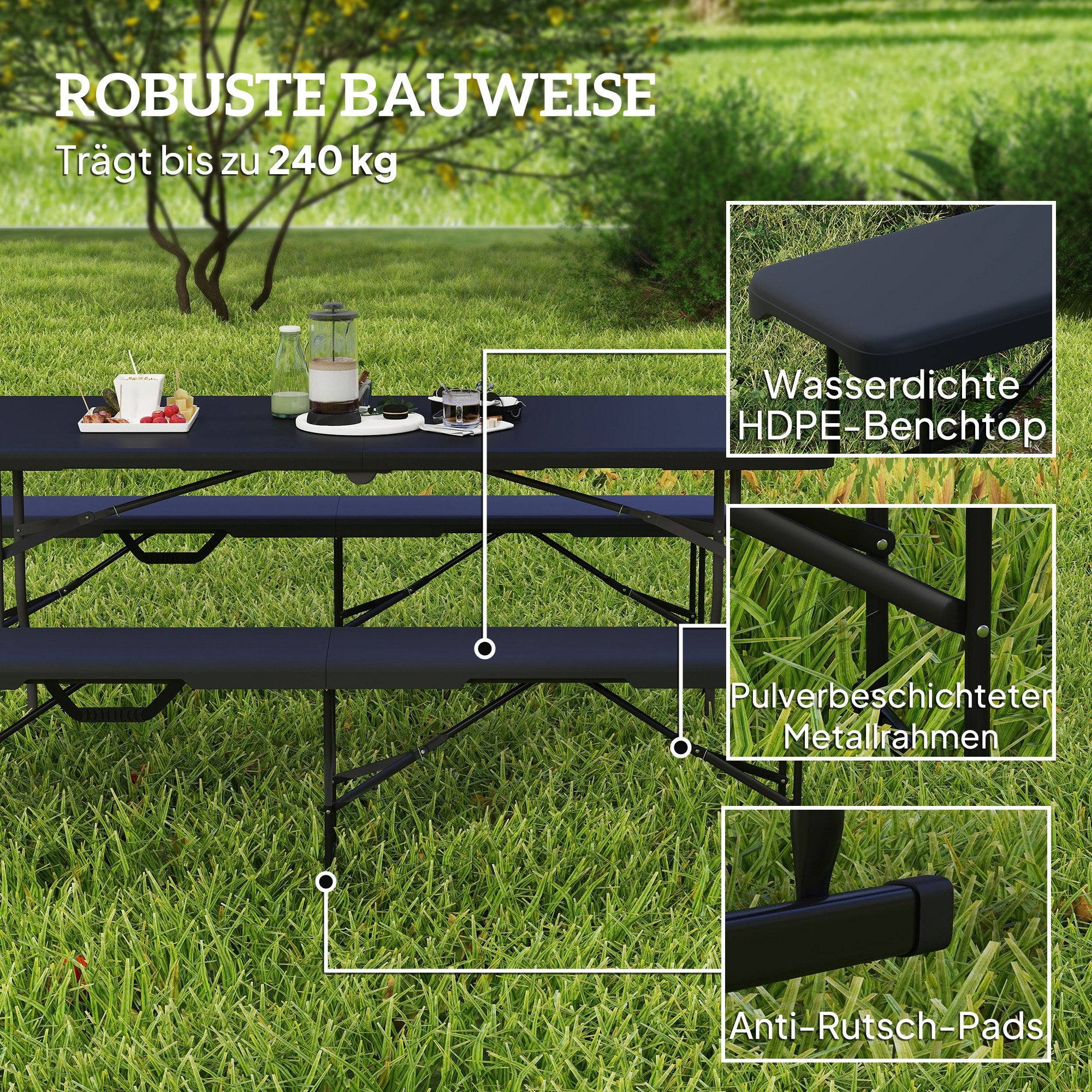 Outsunny Campingbank, Kunststoff-Outdoor-Bank, 240 kg Belastbarkeit, Schwarz