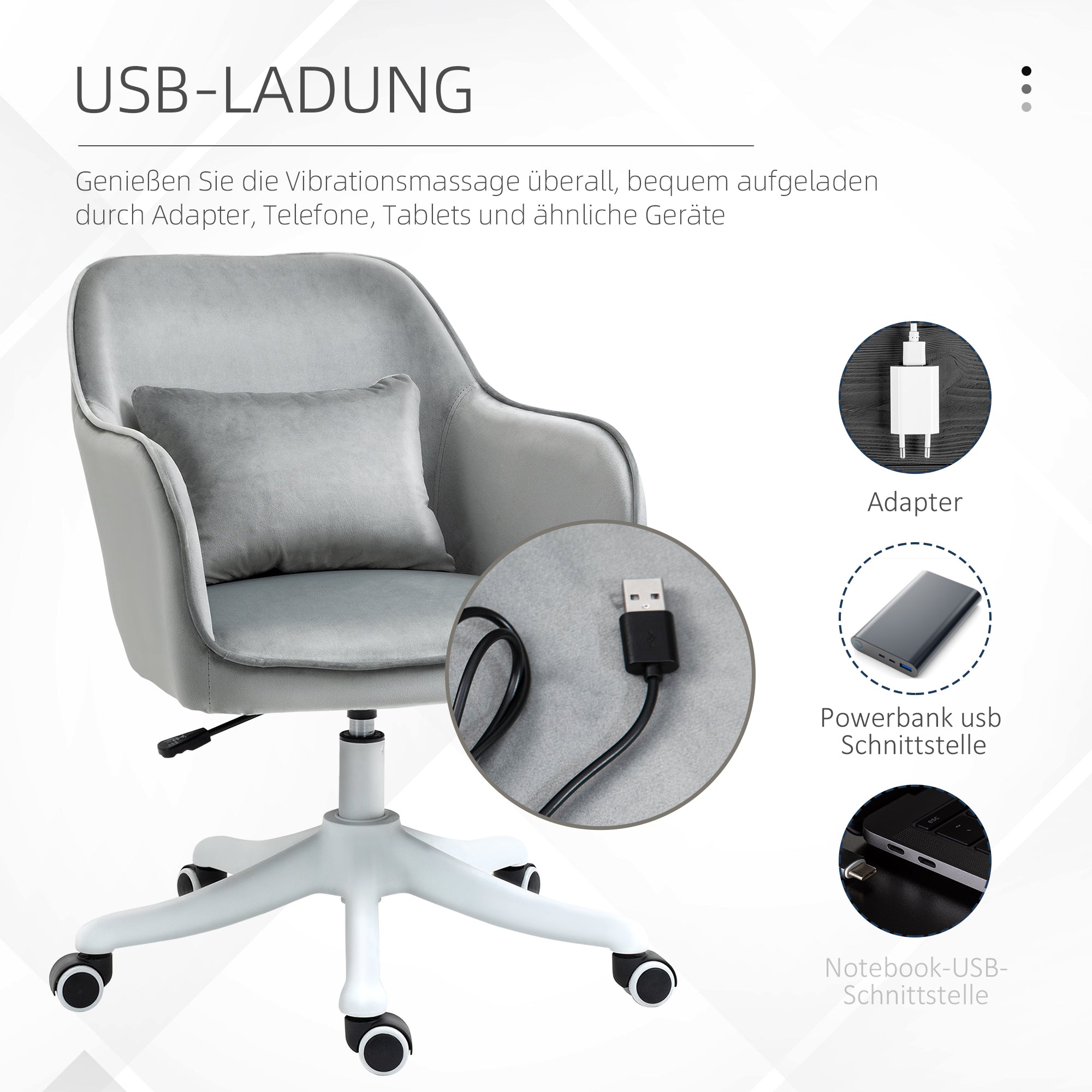 Vinsetto Massage Schreibtischstuhl 78-86 cm höhenverstellbarer Bürostuhll Drehstuhl Computerstuhl mit USB-Schrittstelle Arbeitsstuhl mit Vibrationsfunktion Lendenkissen Massagefunktion Grau