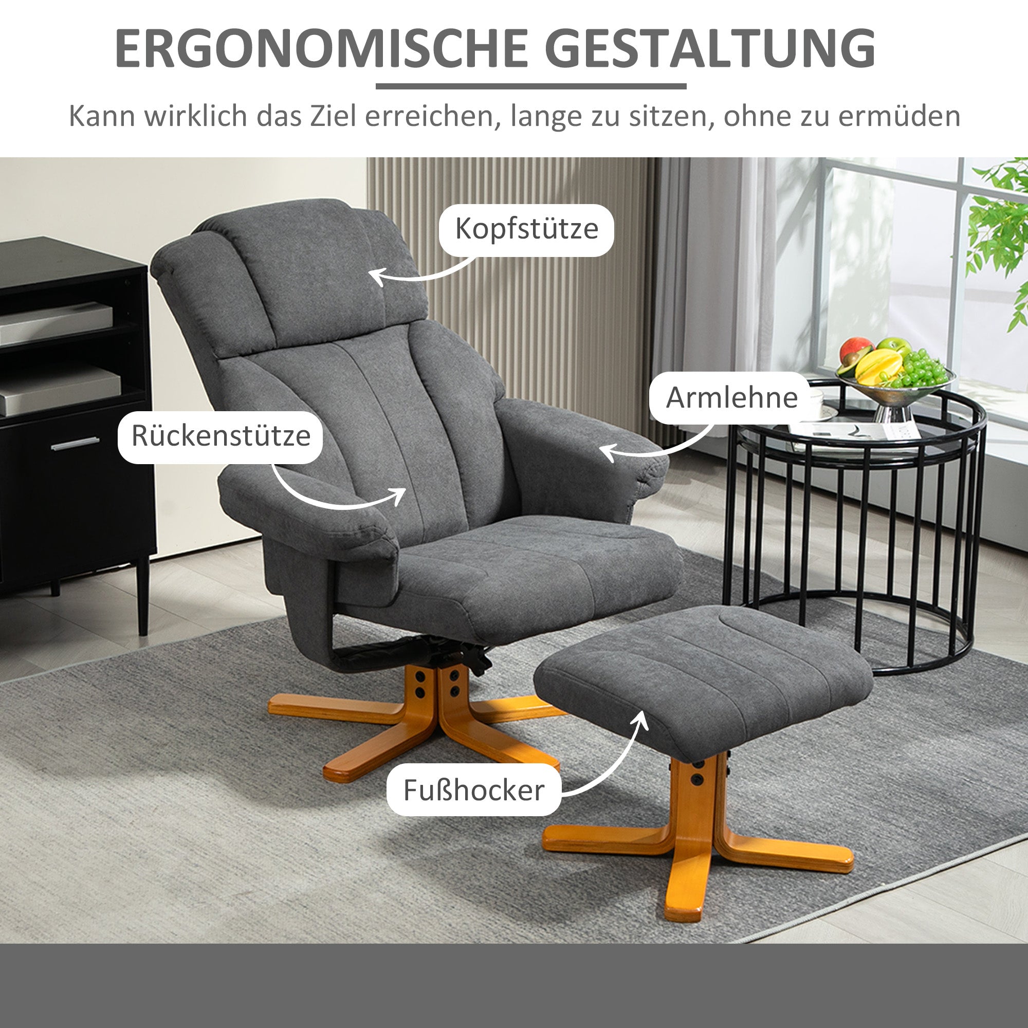 HOMCOM Verstellbarer Sessel mit Fußhocker mit hoher Lehne und Holzrahmen für Wohnzimmer, Schlafzimmer, Dunkelgrau