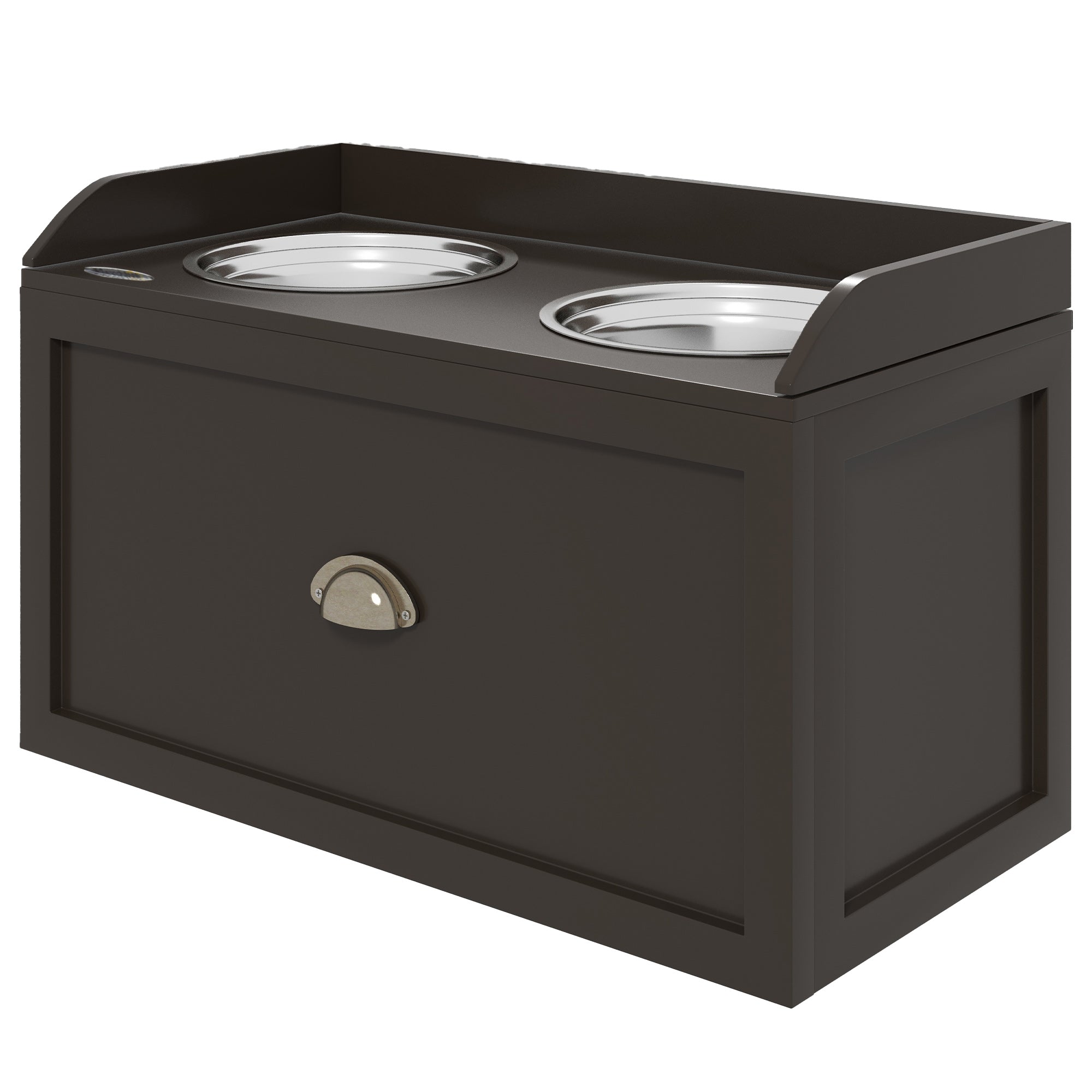 PawHut Futterstation Erhöhte Fressnäpfe 2 Fressnäpfe, 2 Edelstahlschalen, 1 Stauraum, 60 x 30 x36 cm, Braun