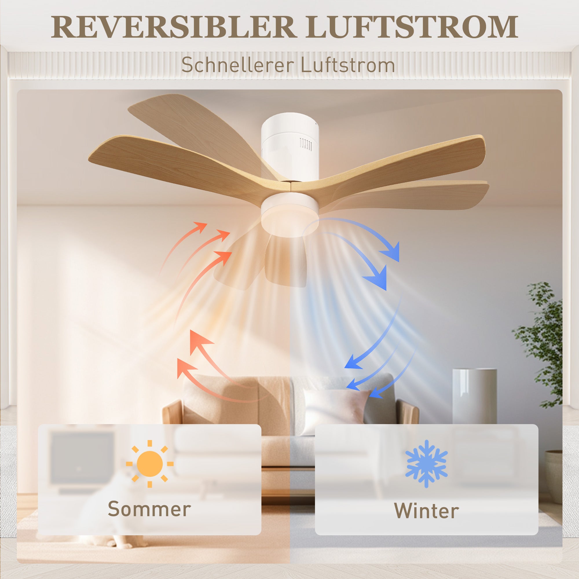 HOMCOM Deckenventilator mit LED-Licht, 6 Geschwindigkeiten, Fernbedienung, Hellbraun
