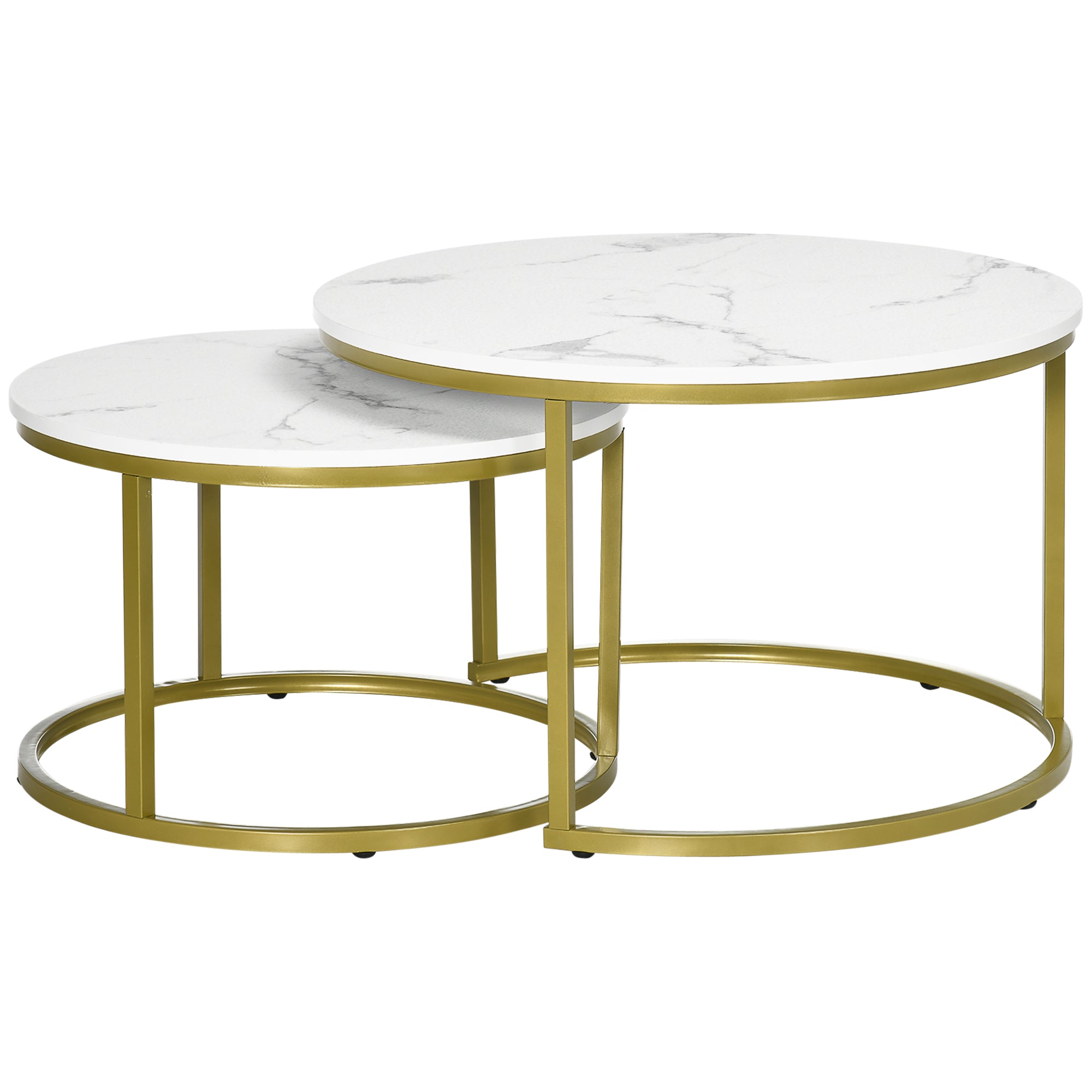 HOMCOM Beistelltisch-Set, 2 Satztische, Ø74 & Ø59 cm, Marmoroptik, Rahmen in Gold