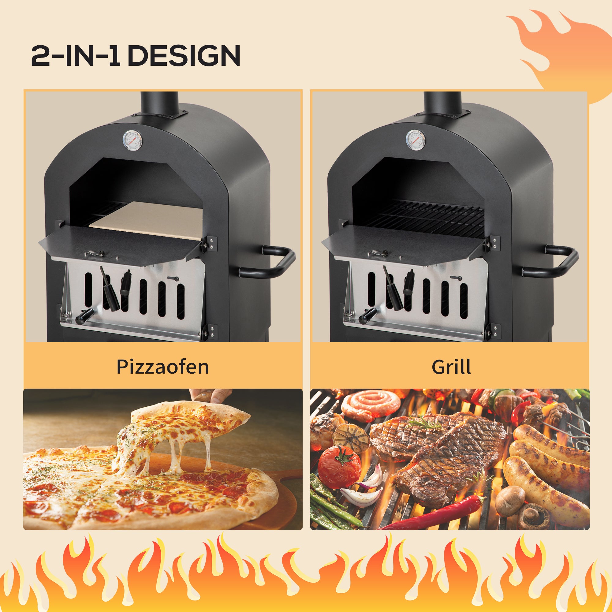 Outsunny 2-In-1 Pizzaofen Outdoor mit Rollen Grillofen mit Schutzhülle Pizzaschaufel 2 Grillnetzen Grillwagen mit Schornstein 3-Tier Holzbackofen für BBQ Stahl Schwarz+Silber 63 x 54 x 161 cm