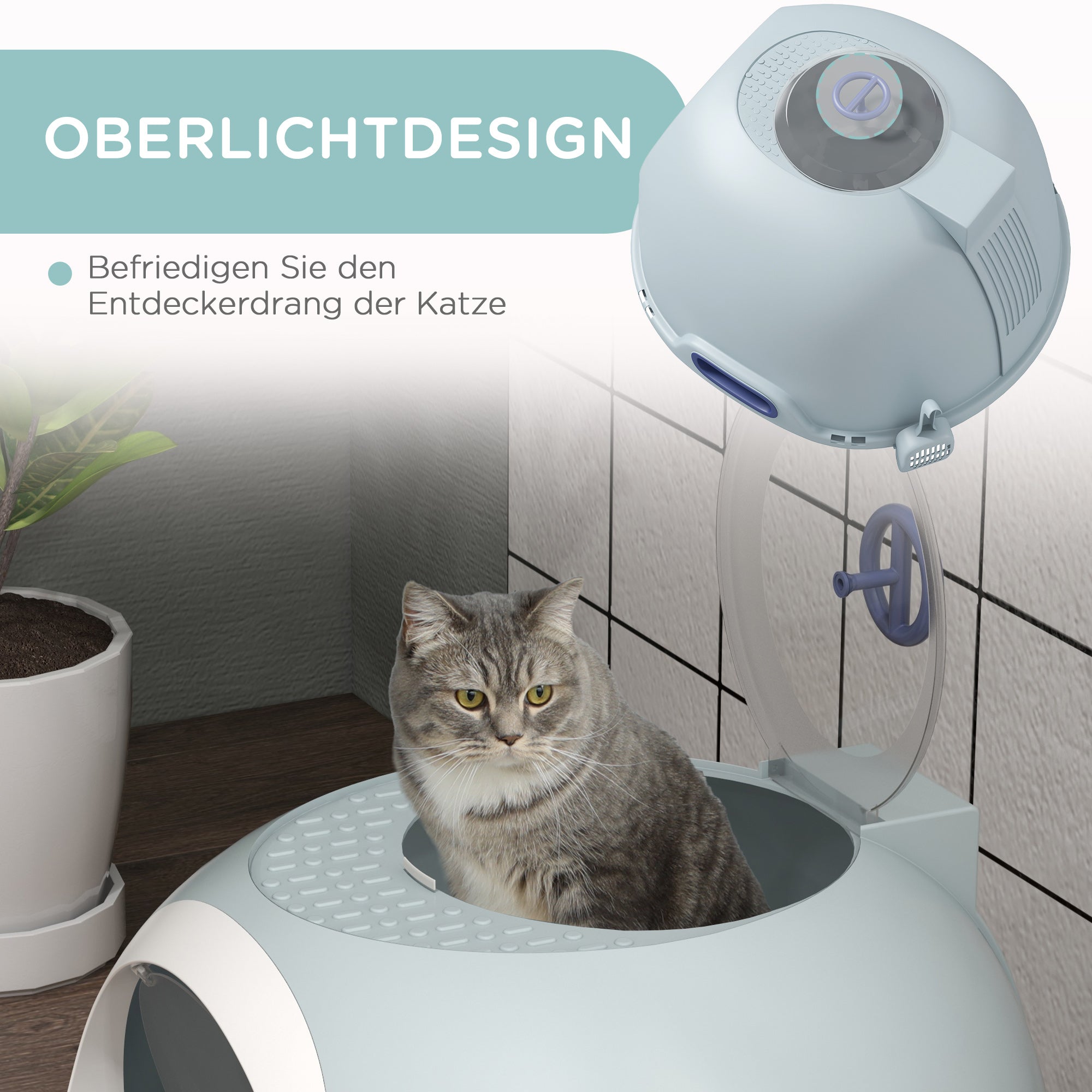 PawHut Katzentoilette mit Dachfenster, Katzenklo mit Bodenschale, mit Schaufel, Tragbar, PP ABS, See-Blau, 47 x 55 x 44 cm