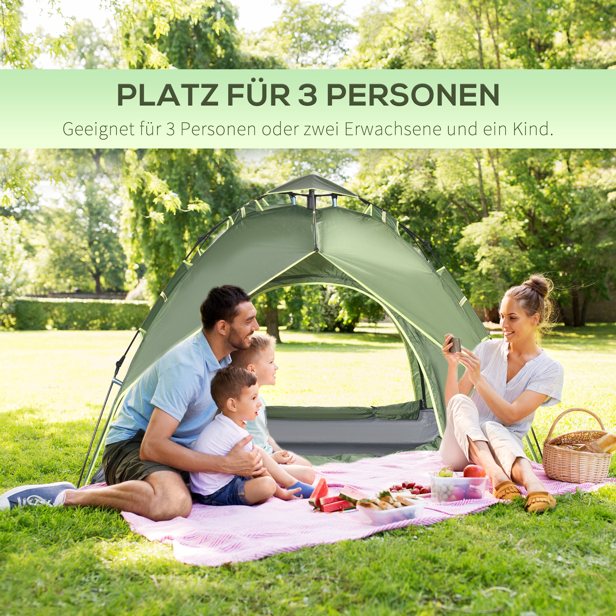 Outsunny Doppelzelt Campingzelt Outdoorzelt Familienzelt Quick-Up-Zelt 2 Erwachsene + 1 Kind 4 Jahreszeiten wasserdicht Tragetasche 2 Türen Polyester + Glasfaser Dunkelgrün 210 x 210 x 140 cm