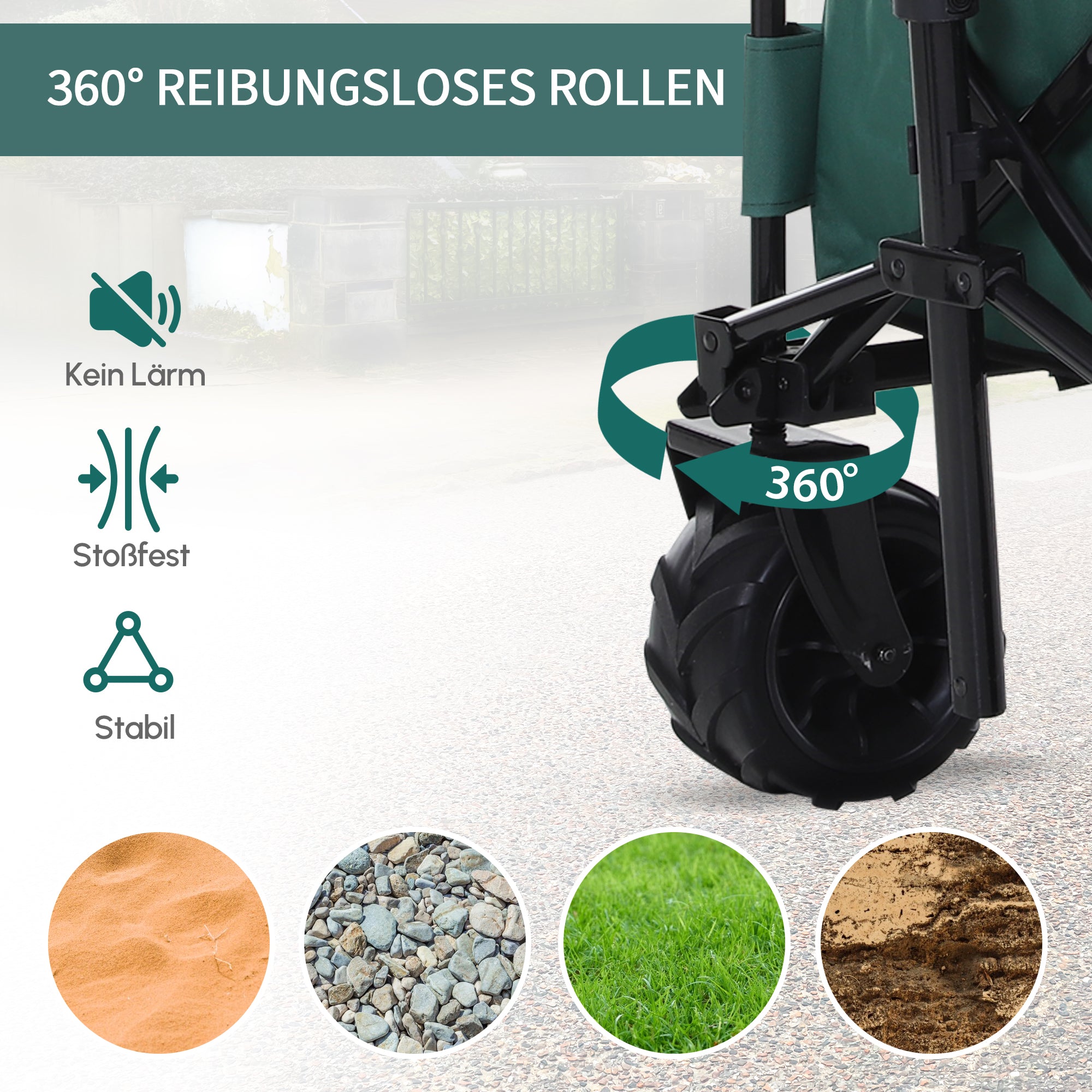 Outsunny Bollerwagen Faltbarer Handwagen 360° Gartenwagen Transportwagen mit Teleskop Griff Verstellbarer Griffhöhe Strandwagen bis 70 kg Tragkraft Metall Oxford Grün 108 x 55 x 59-89 cm