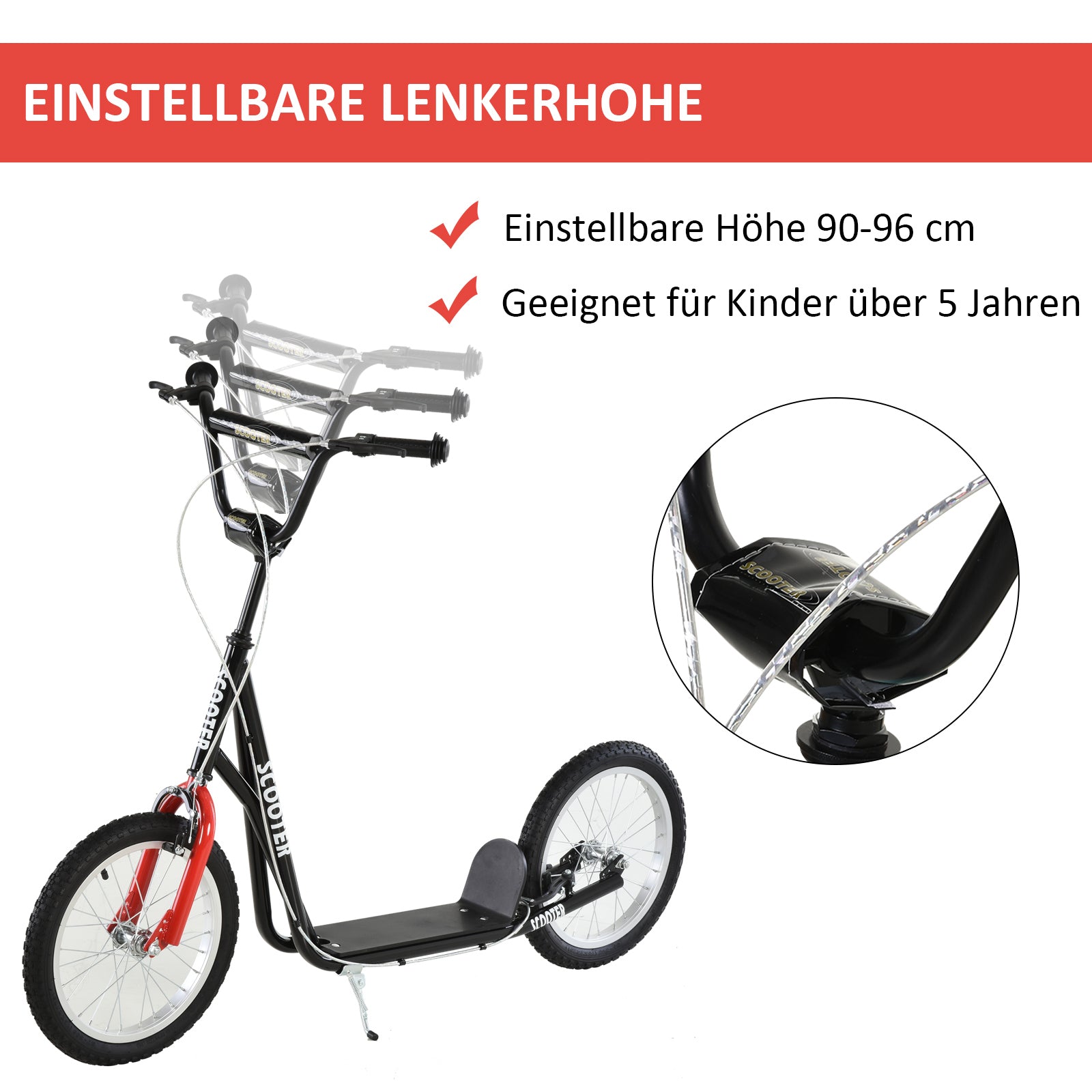 HOMCOM Kinderscooter mit Bremse höhenverstellbar Leichtbau Schwarz