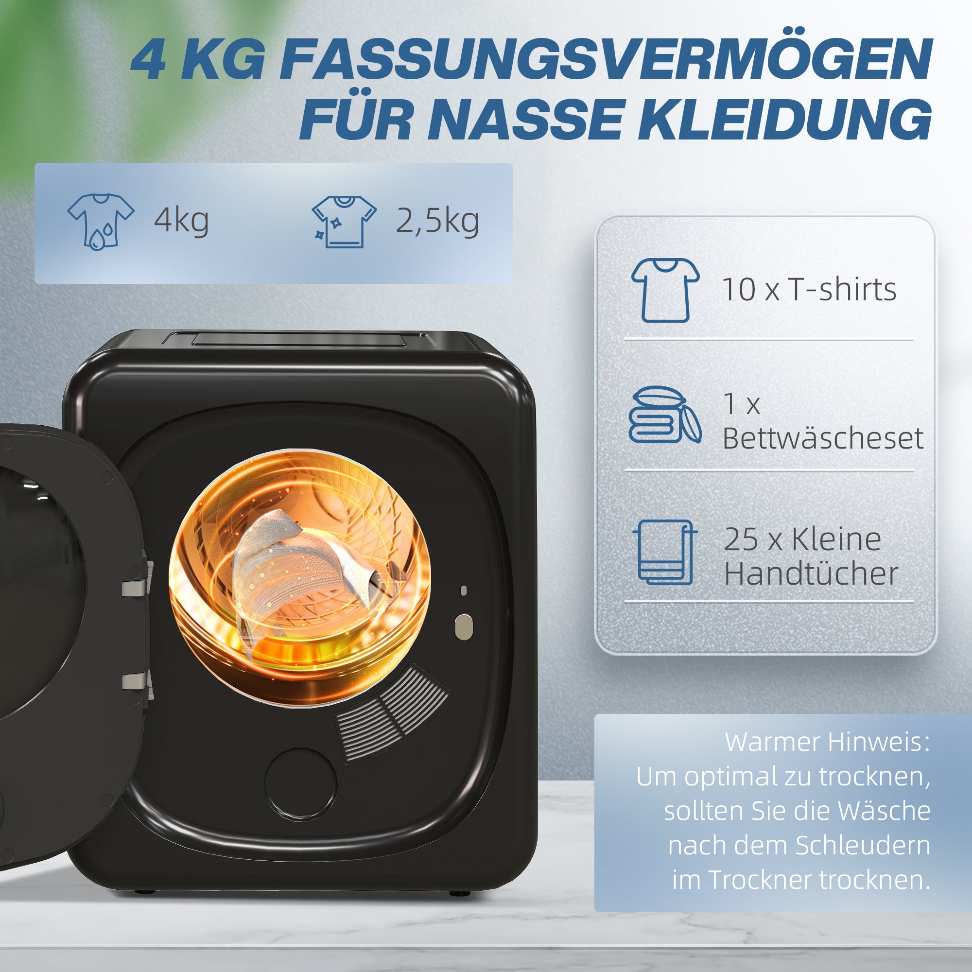 HOMCOM Wäschetrockner mit UV-Desinfektion, kompakte Bauweise, 4 kg Kapazität, Edelstahl, Schwarz