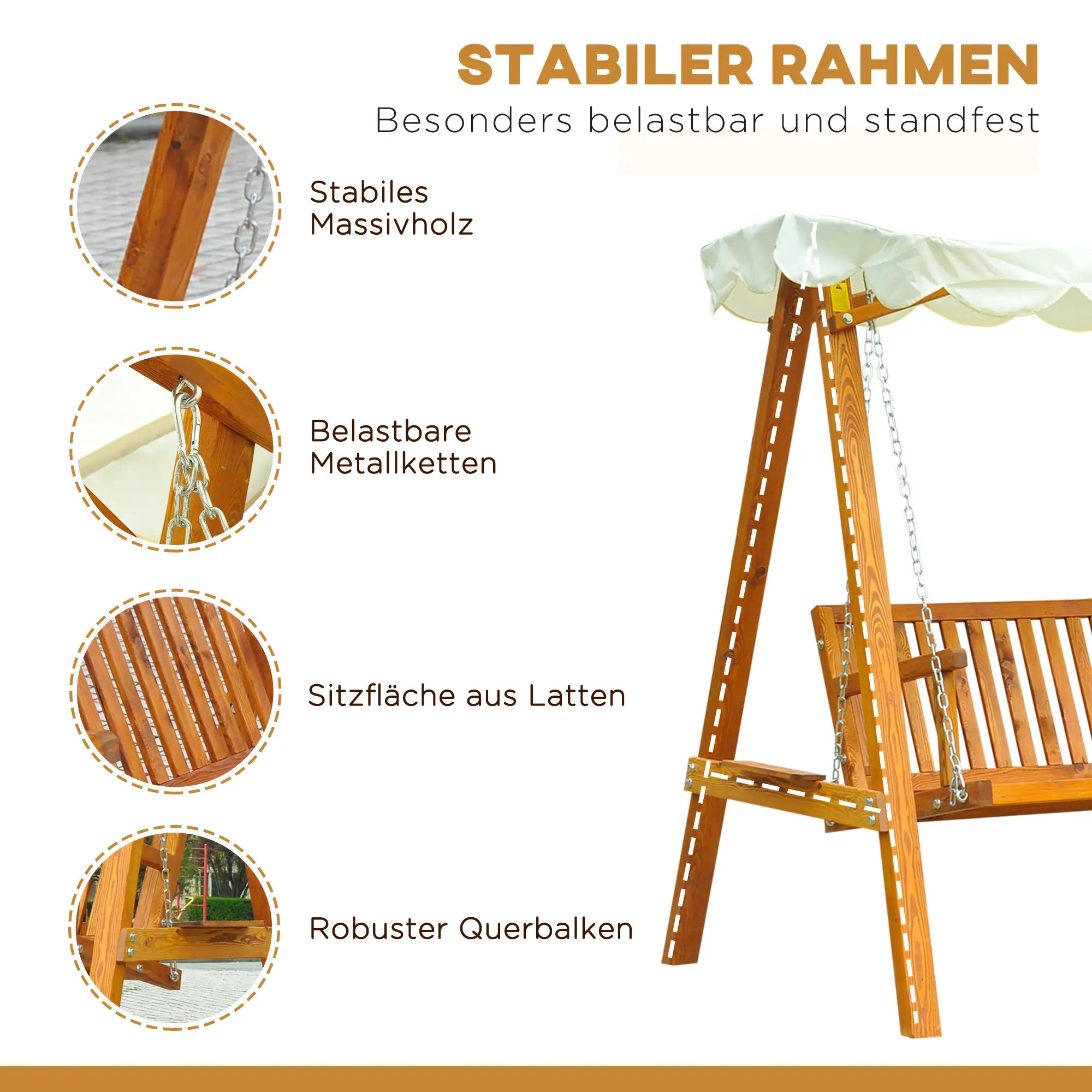 Outsunny Hollywoodschaukel Gartenschaukel 3-Sitzer mit Sonnendach Lärche