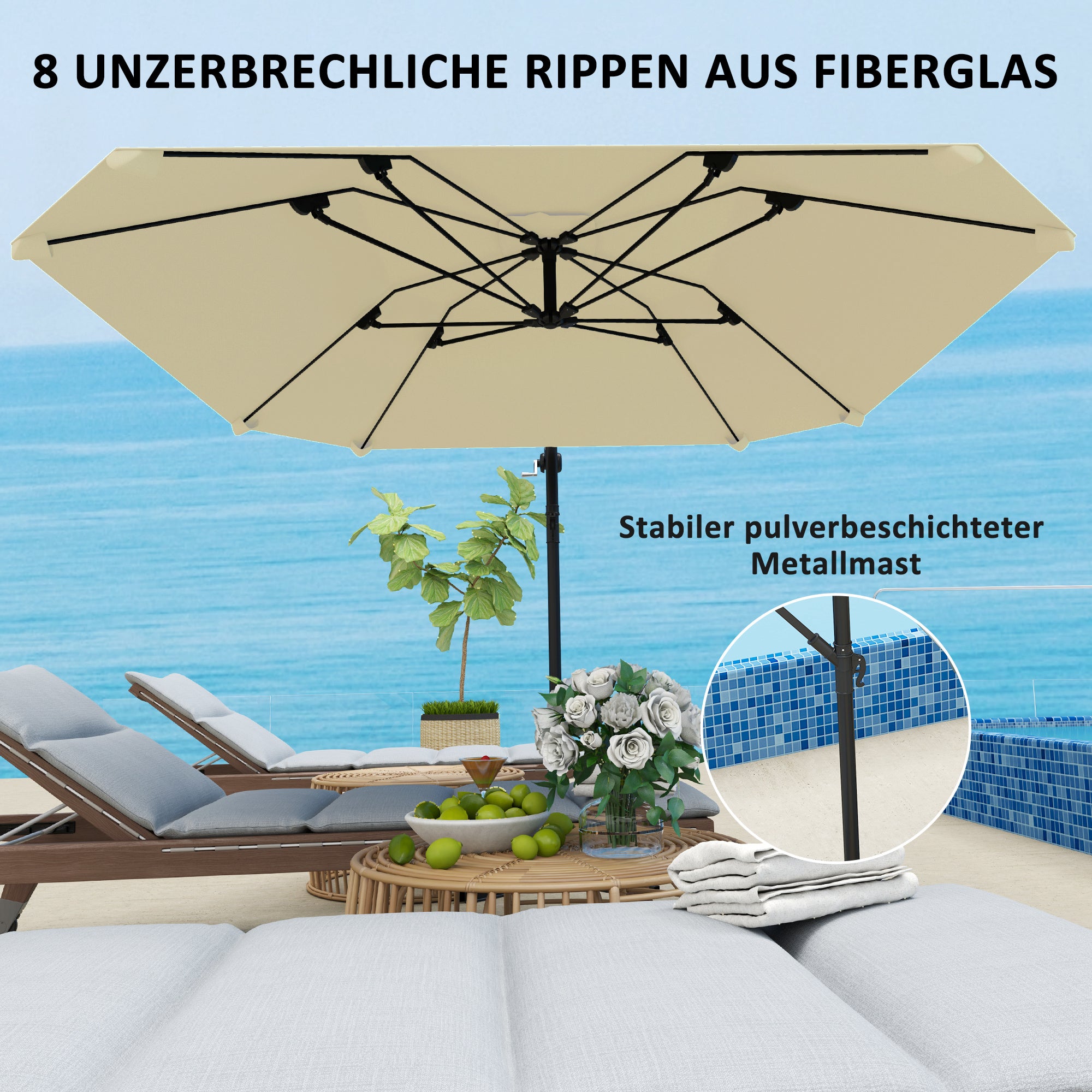 Outsunny Ampelschirm Alu Ø 260 cm Sonnenschirm, wasserdicht Kurbelschirm mit Ständer, Kurbel, Beige