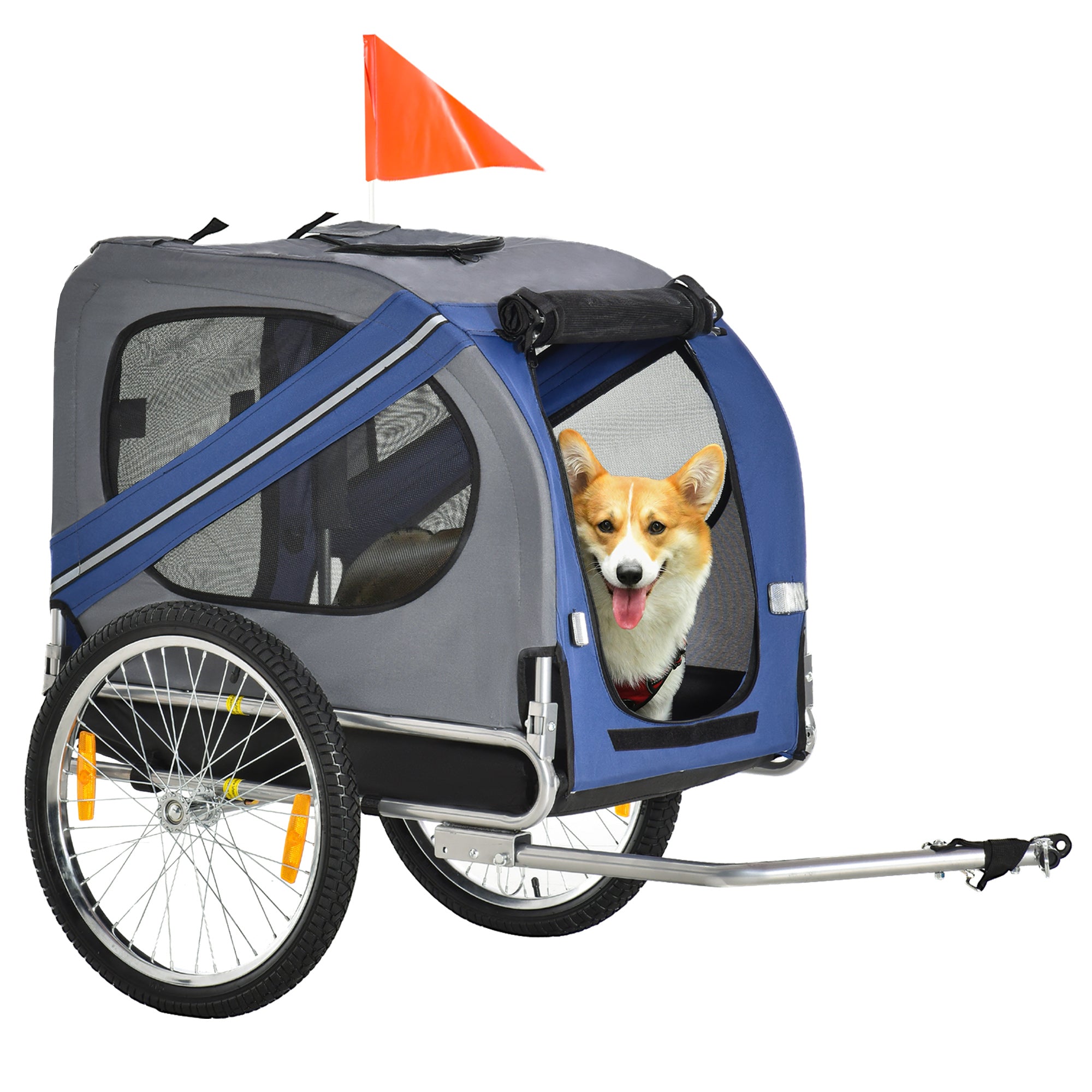 PawHut 2-in-1 Haustieranhänger Fahrradanhänger bis 20kg klappbar Regenschutz Sicherheitsfahne Reflektoren Stahl grau+blau 130 x 73 x 90cm