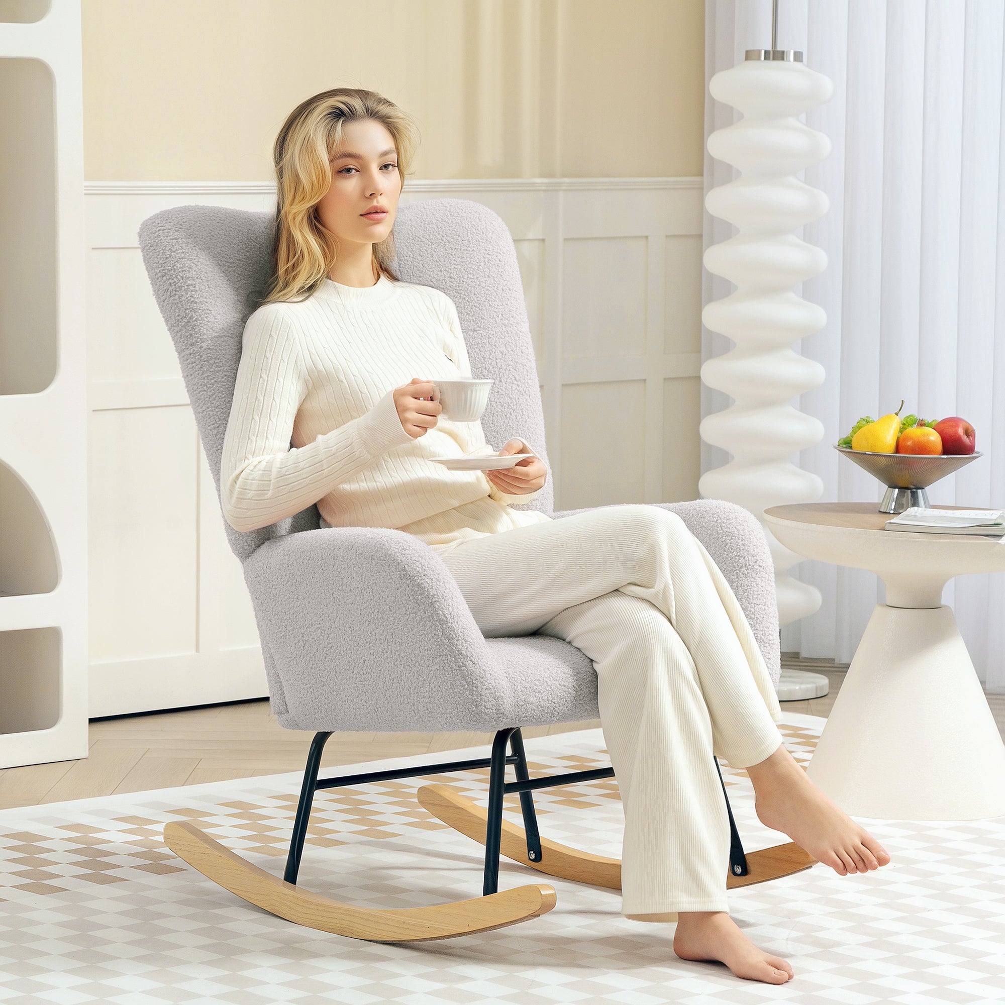 HOMCOM Schaukelstuhl, kuscheliger Bezug, dicke Polsterung, rutschfest, Hellgrau