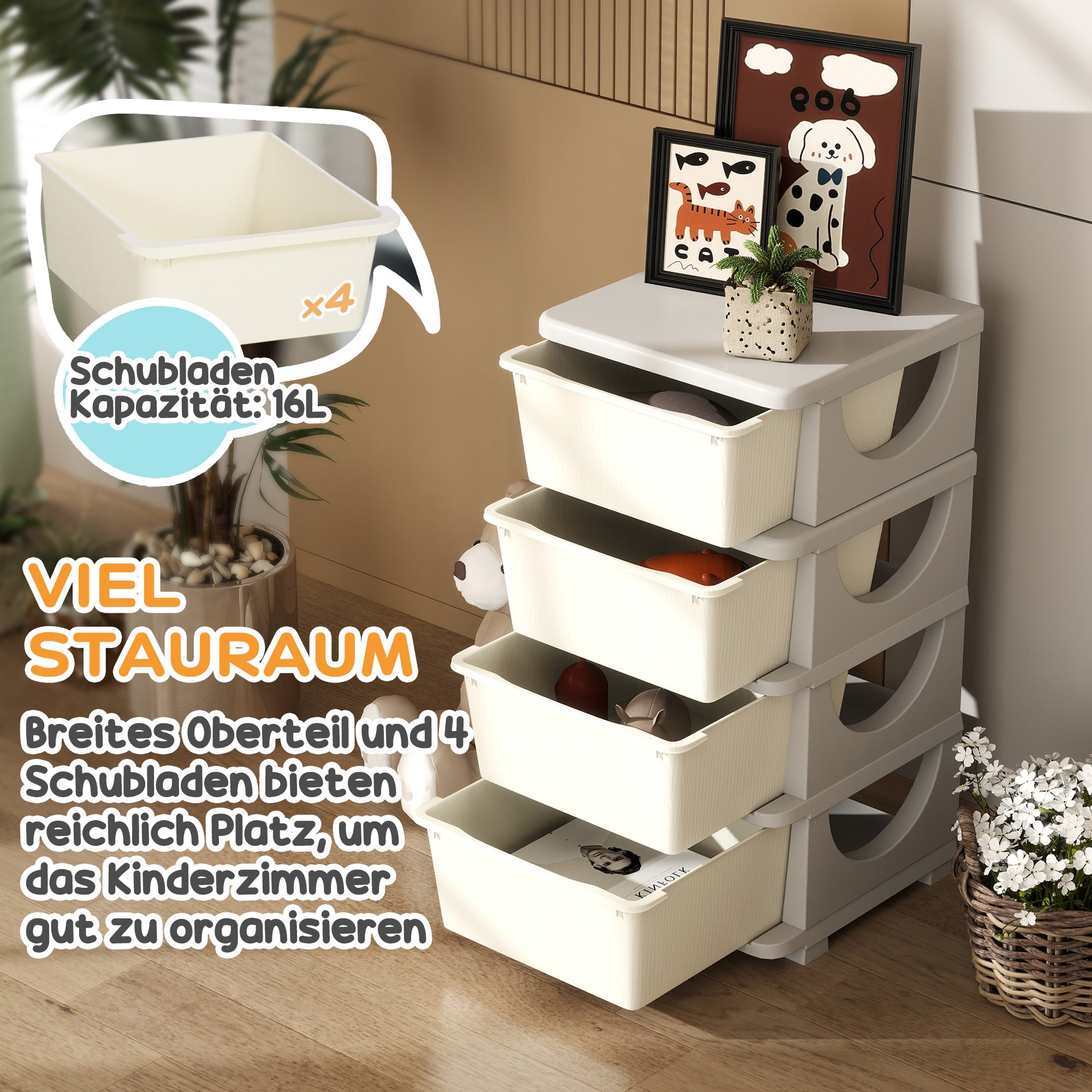 HOMCOM Aufbewahrungsboxen für Kinder, 4 große Schubladen, runde Kanten, Kunststoff, 37x37x76 cm, Cremeweiß
