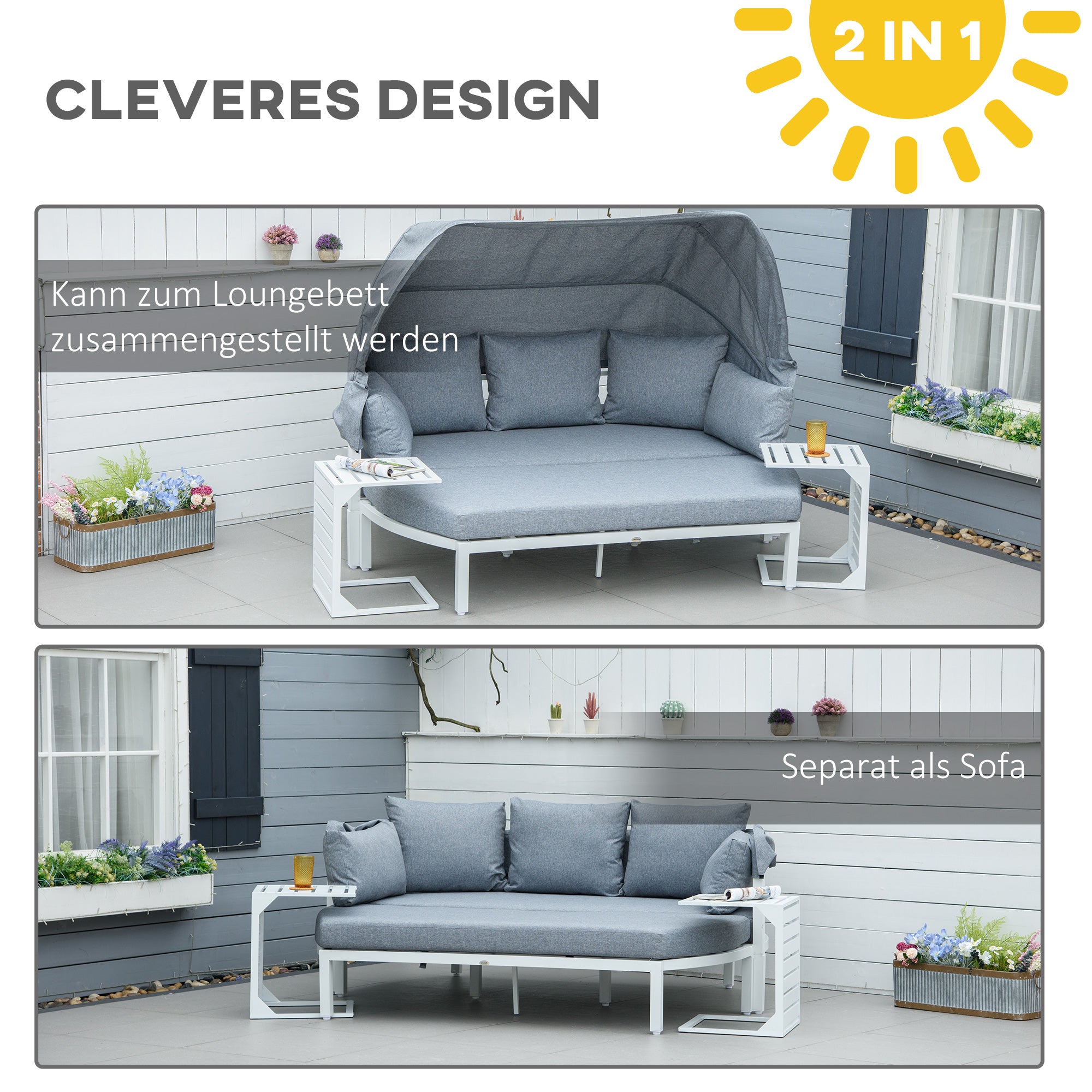 Outsunny Gartenmöbel-Set für 5 Personen, Sonneninsel, Gartensofa mit Baldachin, inkl. Kissen, Weiß + Grau