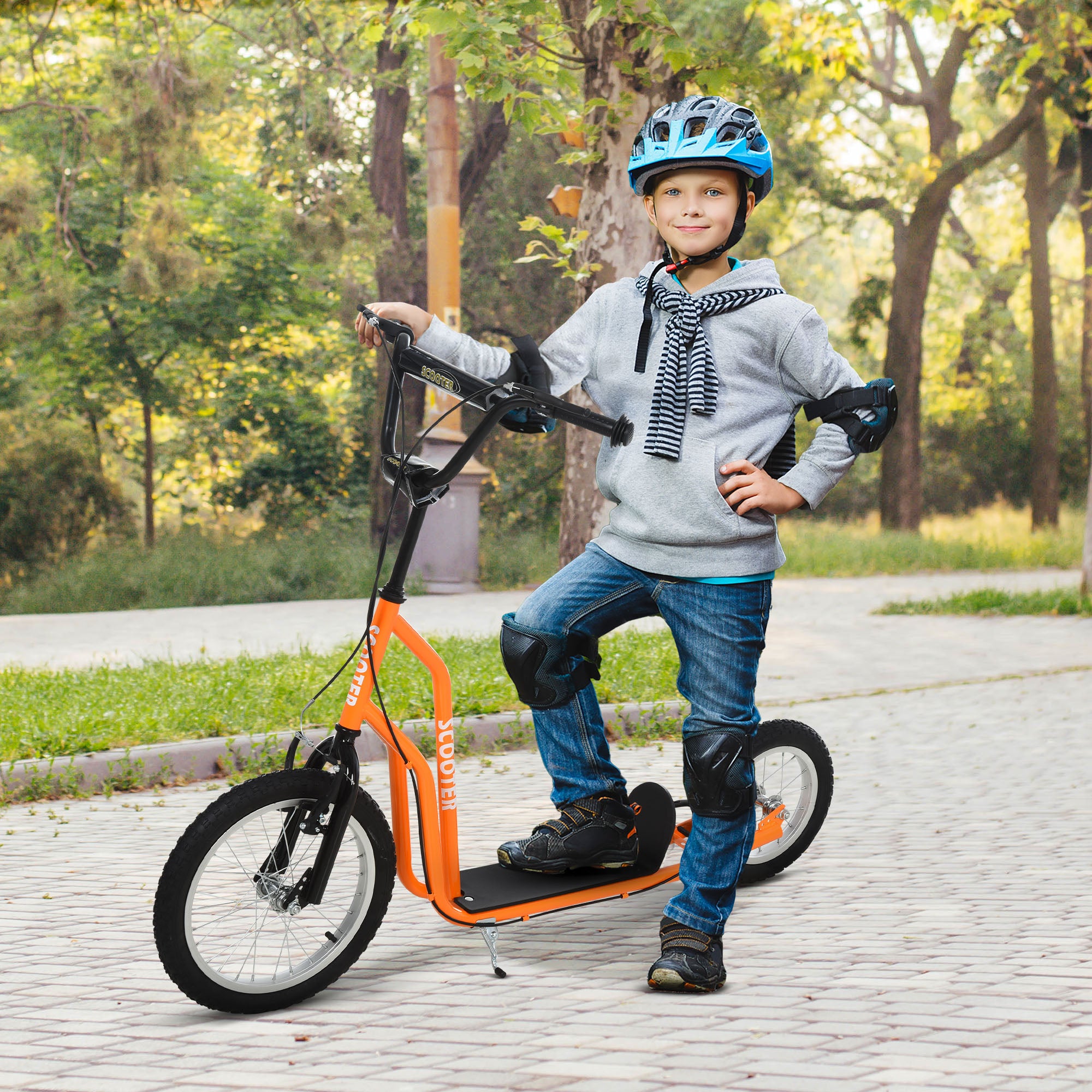 HOMCOM Kinderroller ab 5 jahre Scooter Tretroller Cityroller Kinder Roller Kickboard mit Luftreifen16/12 Zoll Orange 135 x 58 x 88-94 cm