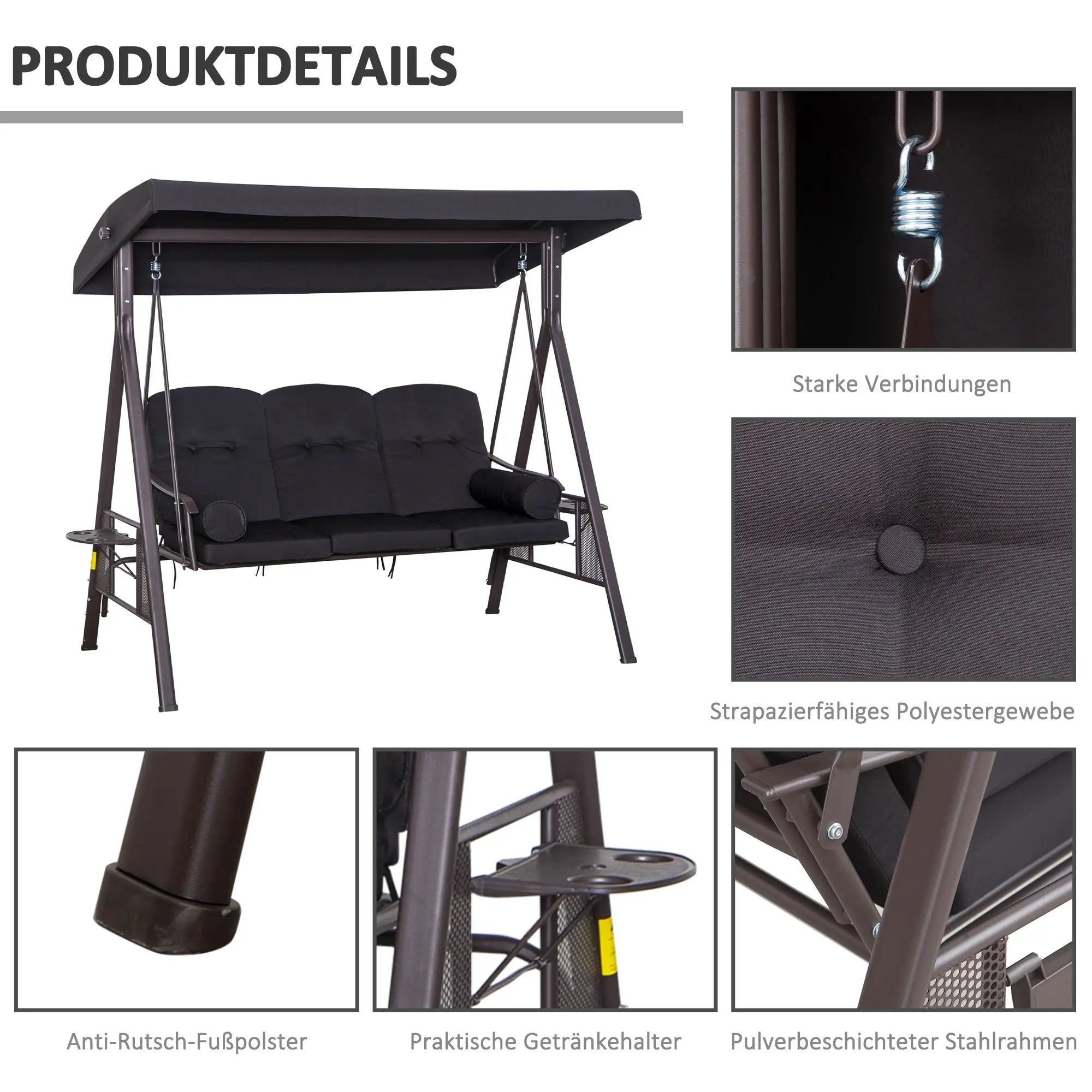Outsunny 3-Sitzer Hollywoodschaukel mit Sonnendach & Kissen – Schwarz