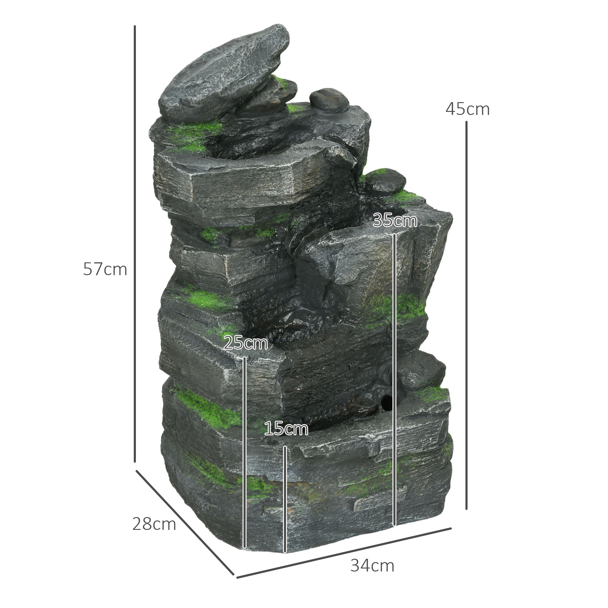 Outsunny Gartenbrunnen, Steinoptik, 4-stufig, Solarbetrieb, LEDs, 57cm Höhe, Kunstharz, Grau/Braun