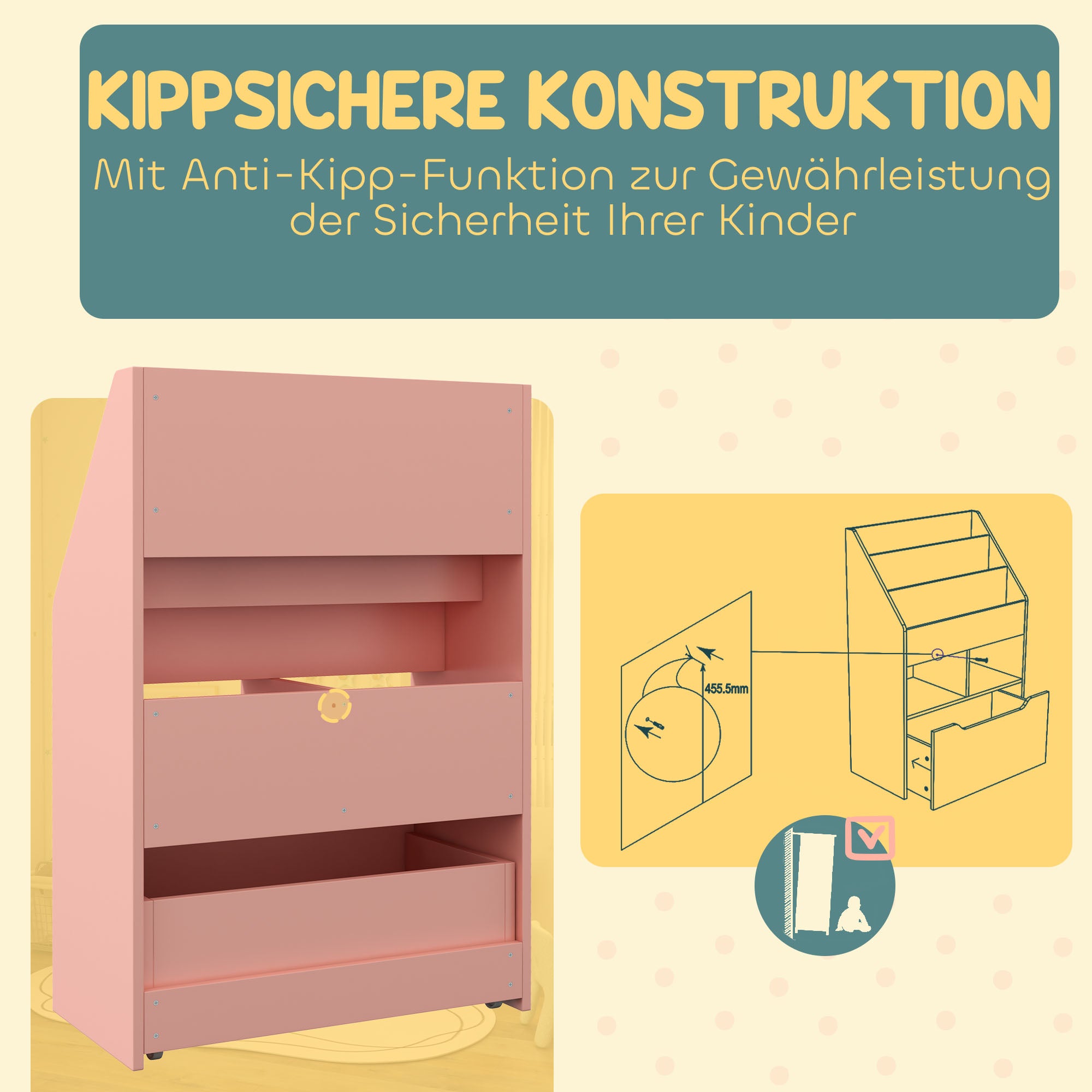 HOMCOM Kinderregal mit Schublade, Bücherregal mit Fächern, 60 x 29,9 x 90 cm, Rosa