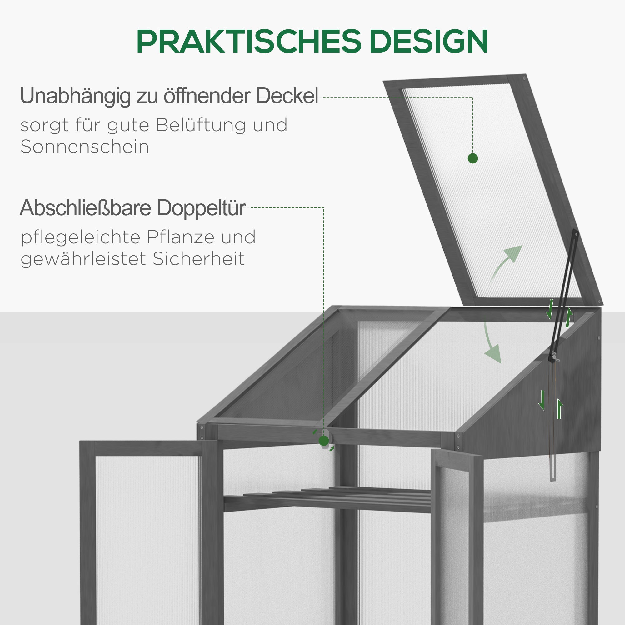 Outsunny Mini-Gewächshaus, kleines Treibhaus mit Holzrahmen, Fenster und Doppeltür, 3 Regale, 70L x 50B x 120H cm, Grau