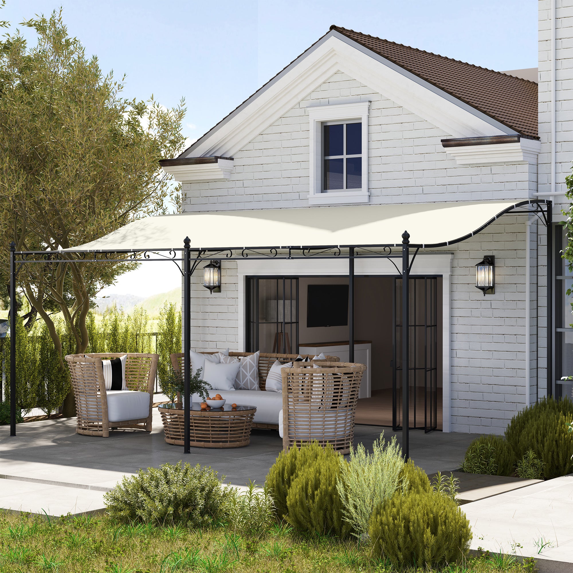 Outsunny 3 x 5 m Pergola, Flexibles Gartendach mit wasserfester Plane und Metallrahmen, Schattenspender, Cremeweiß