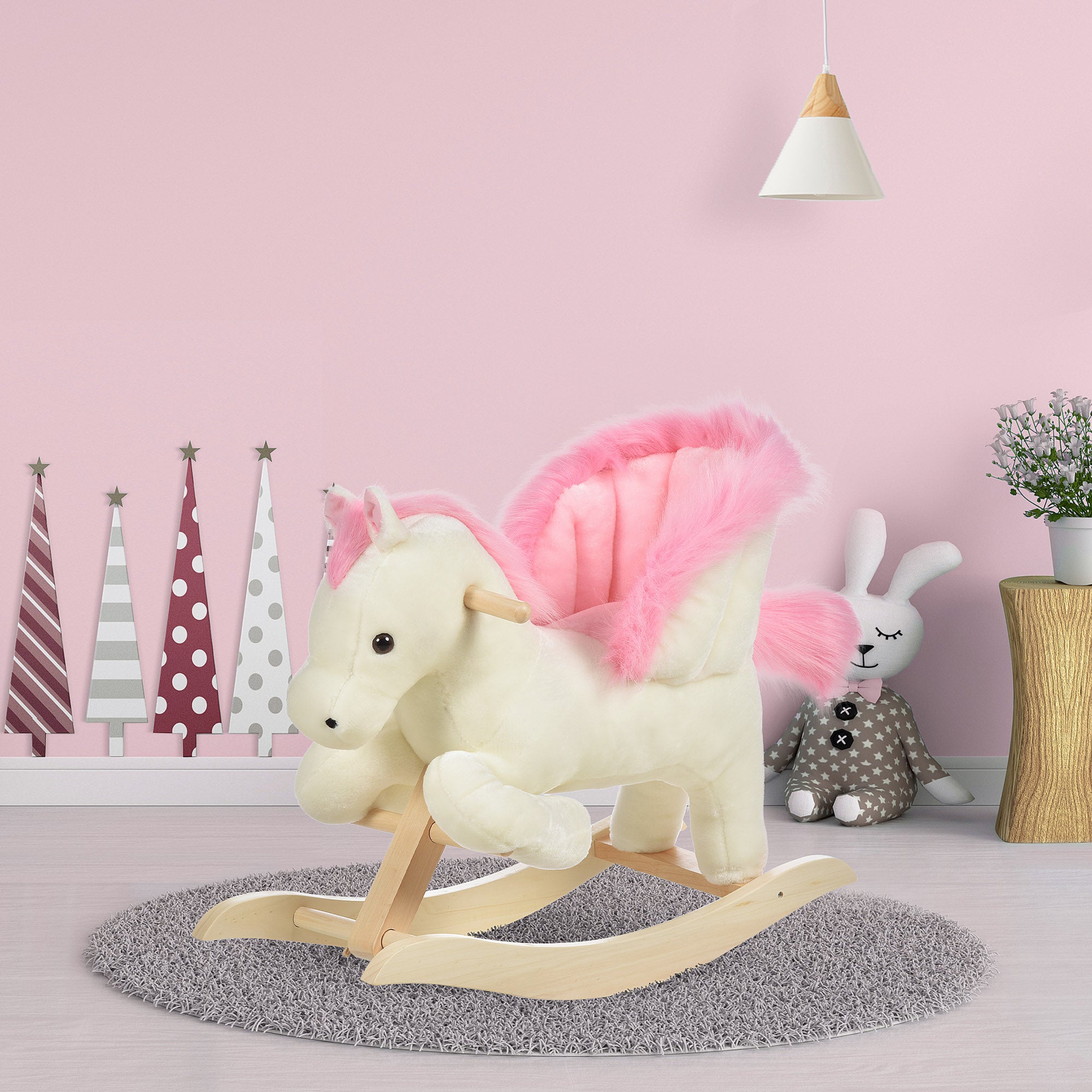 HOMCOM Kinder Schaukelpferd Baby Schaukeltier Pferd mit Tiergeräusche Spielzeug Haltegriffe für 18-36 Monate Plüsch Weiß+Rosa 70 x 28 x 57 cm