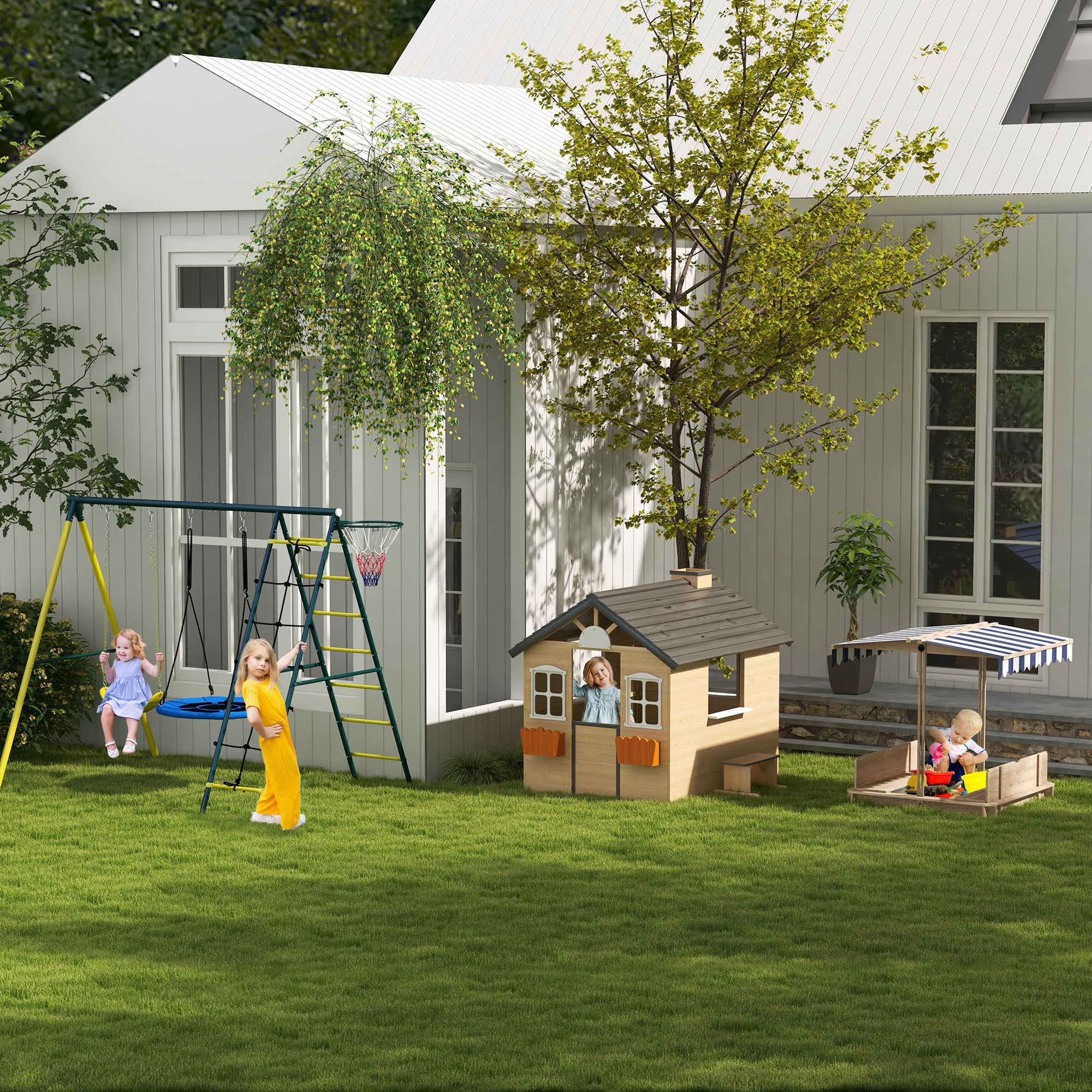 Outsunny Kinderschaukel-Gerüst mit 2 Schaukeln, Basketballkorb, Kletterleiter, 267x180x202 cm, Gelb