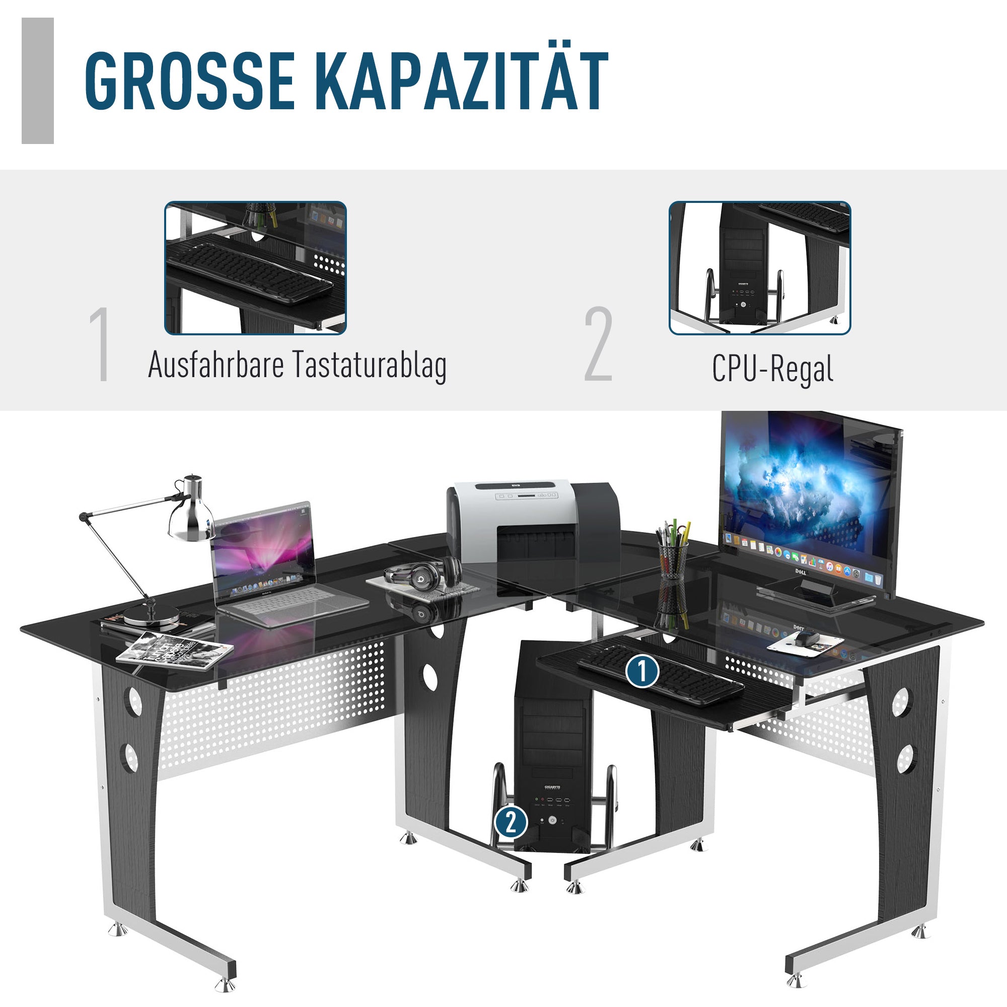 HOMCOM Computertisch Eckschreibtisch Schreibtisch Bürotisch PC Tisch mit schwarzem Sicherheitsglas L-förmig 164x139x75 cm