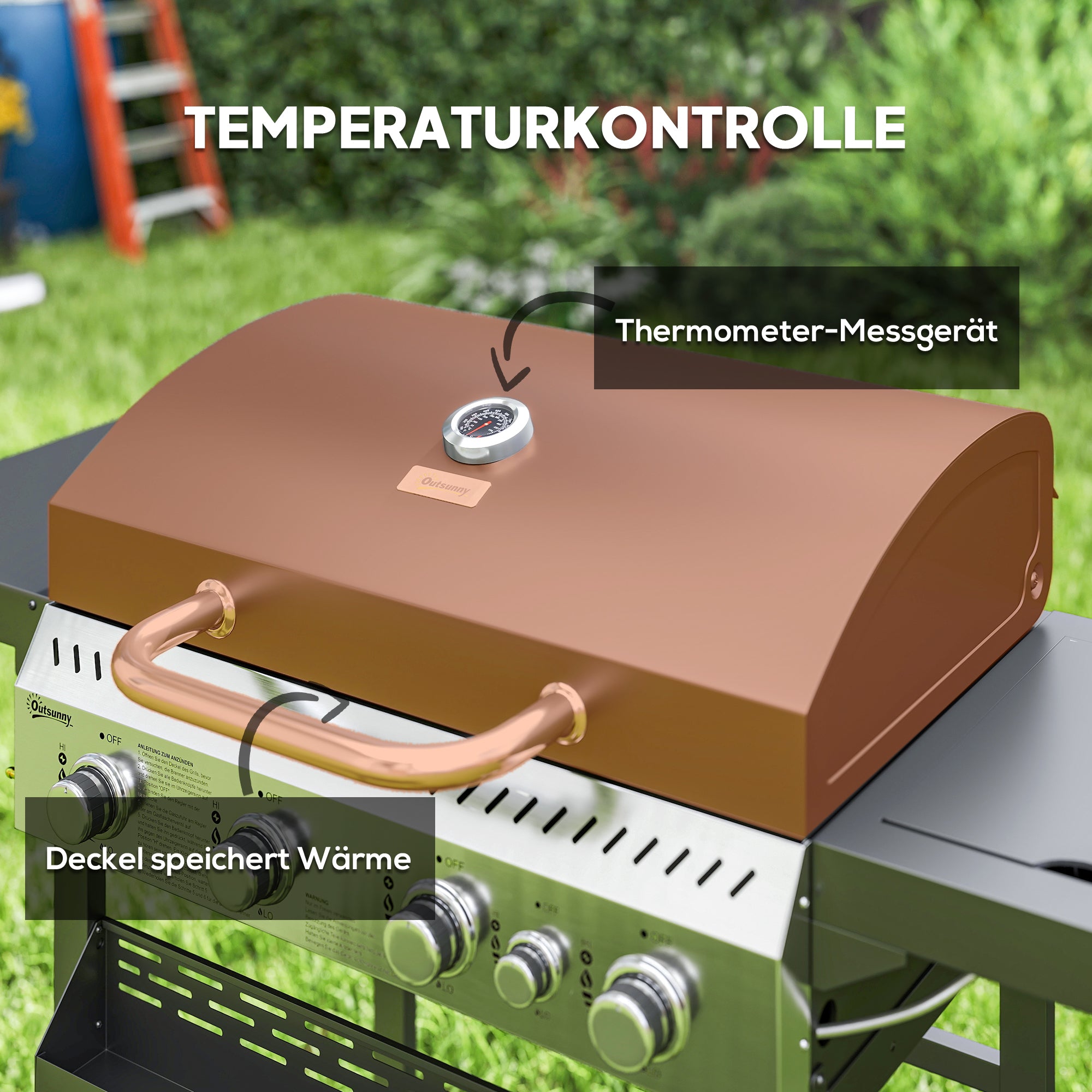 Outsunny Gasgrill, BBQ-Grill, 4 Hauptbrenner, 1 Seitenkocher, 1 Warmhalteplatte; 135 x 55 x 103 cm, Schwarz