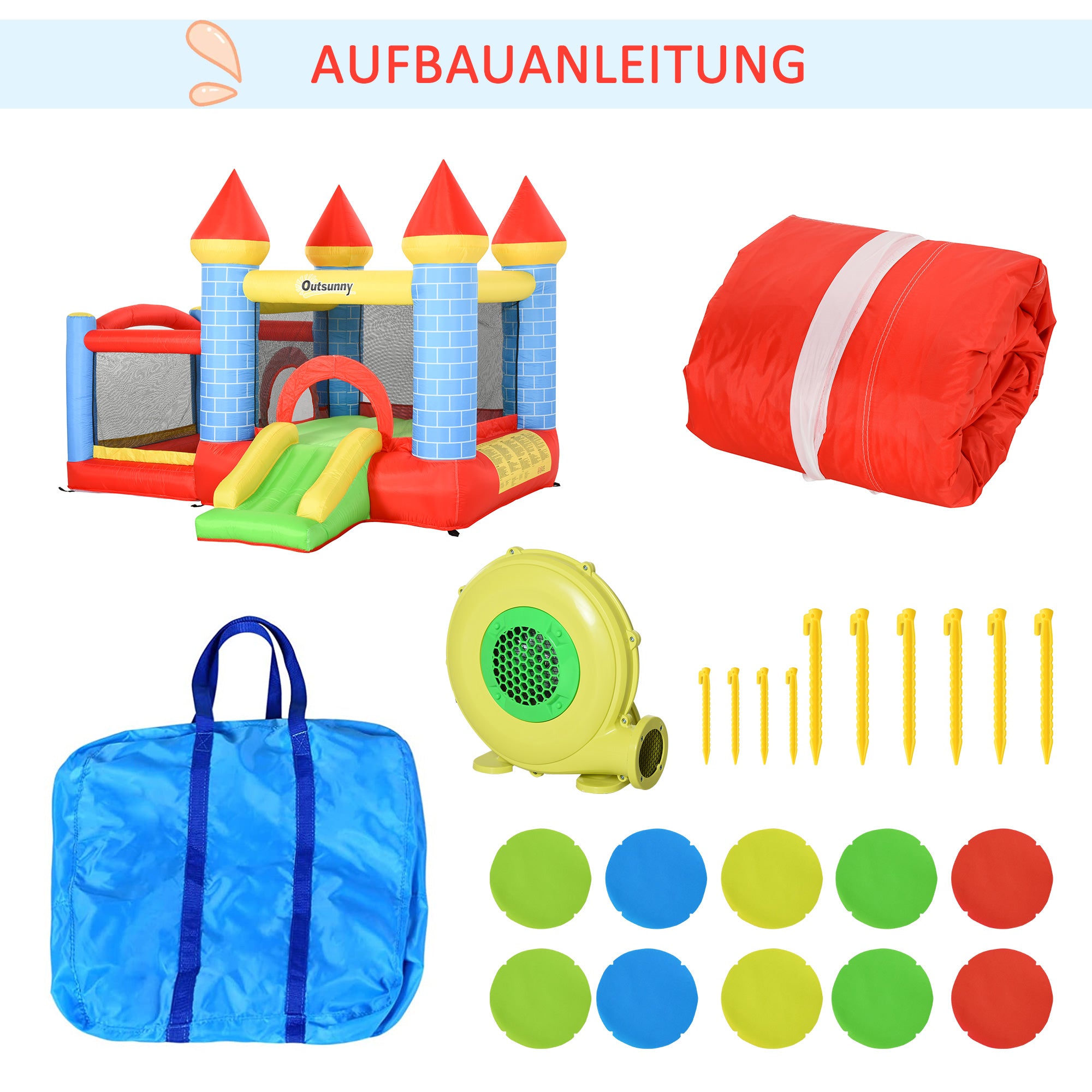 Outsunny Aufblasbare Hüpfburg mit Rutsche Pool für 3 Kinder Burg mit Gebläse für 3-8 Jahre Rot+Blau+Grün 280 x 260 x 210 cm