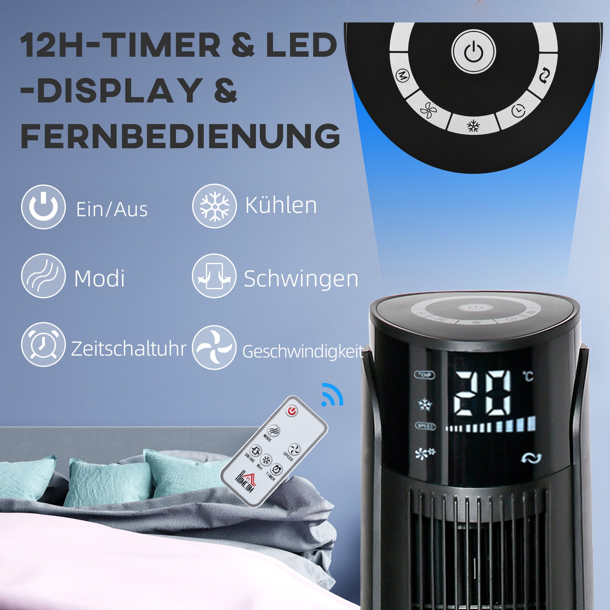 HOMCOM Turmventilator, Klimaanlage mit 4 Modi, 3 Geschwindigkeiten, Timer, Kunststoff