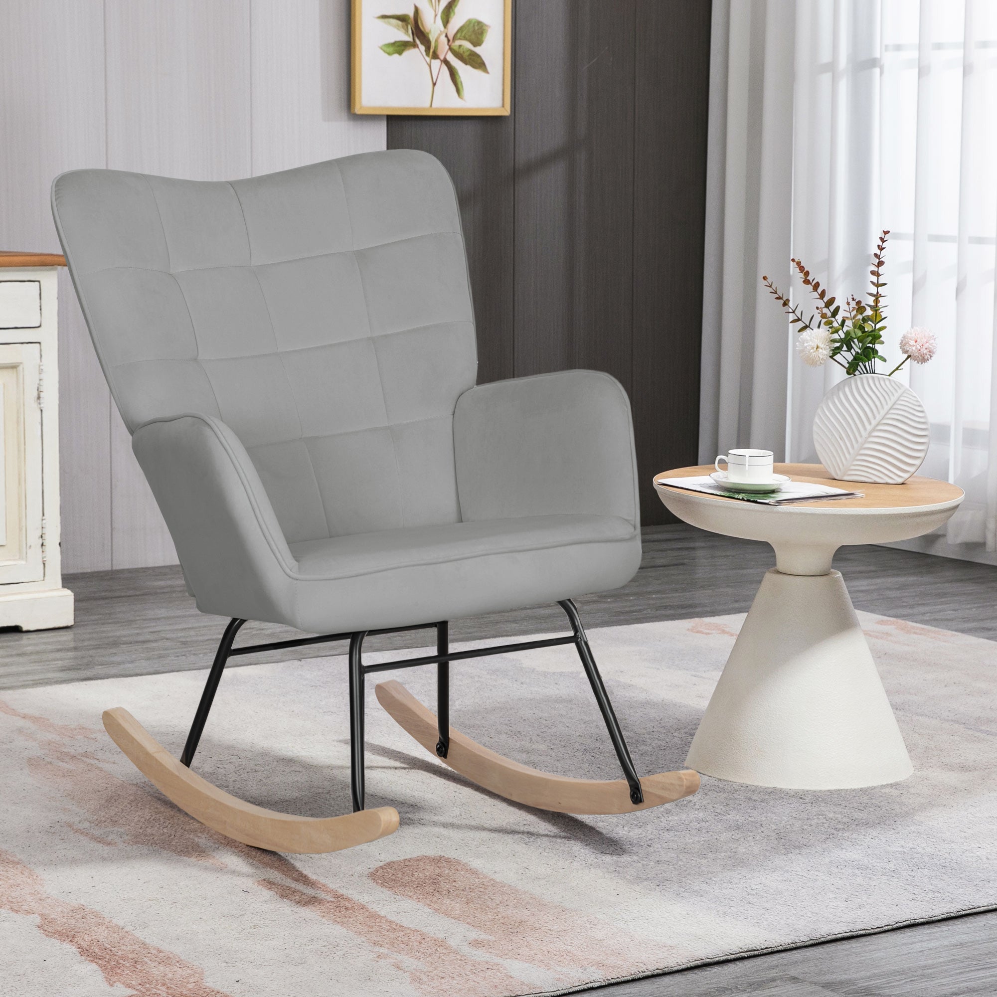 HOMCOM Schaukelstuhl, dicke Polsterung, breite Rückenlehne, Buchenholz/Stahlrahmen, bis 120 kg, Hellgrau