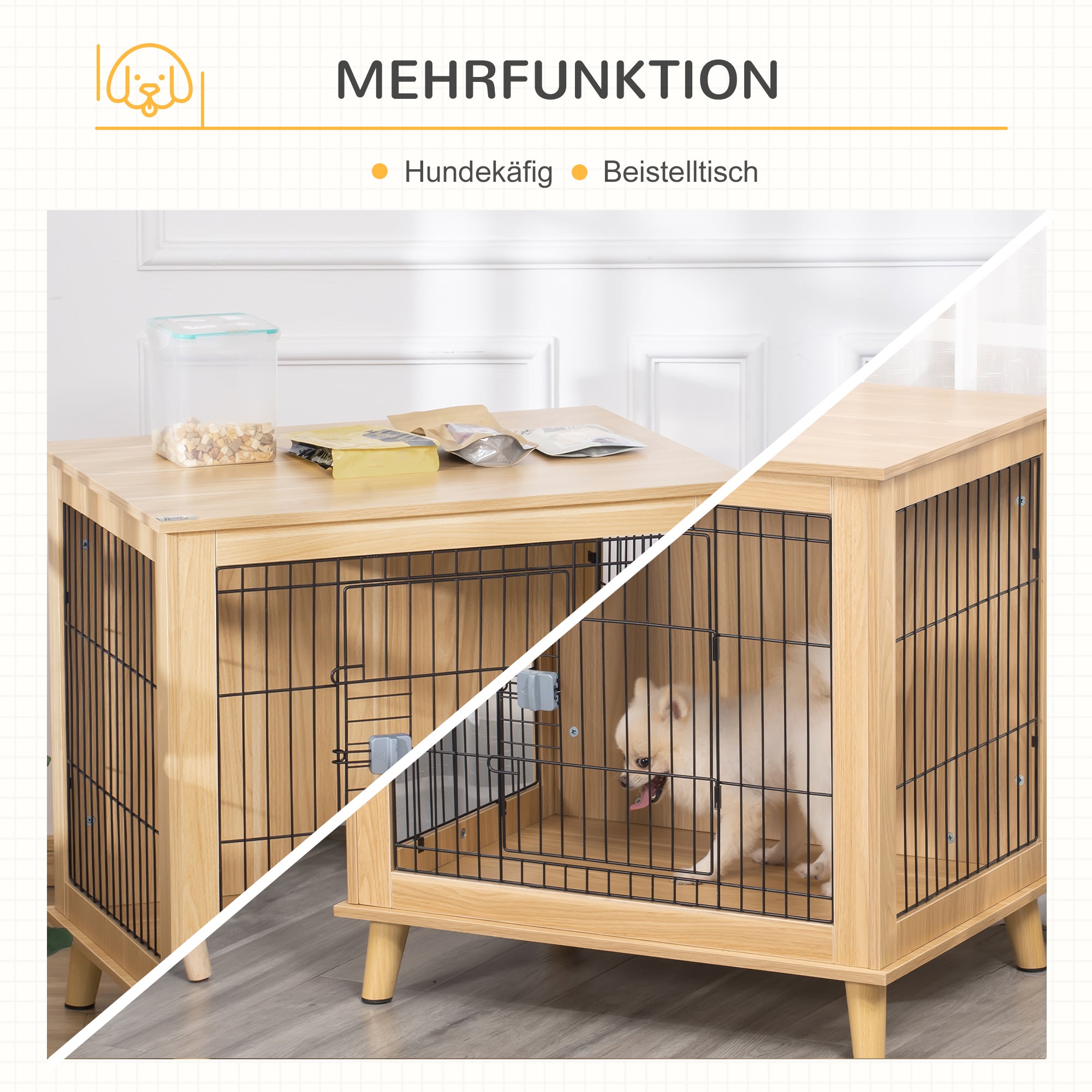PawHut Transportbox aus Holz, Hundebox 81 cm x 58,5 cm x 76 cm Eiche Stahl Braun + Schwarz
