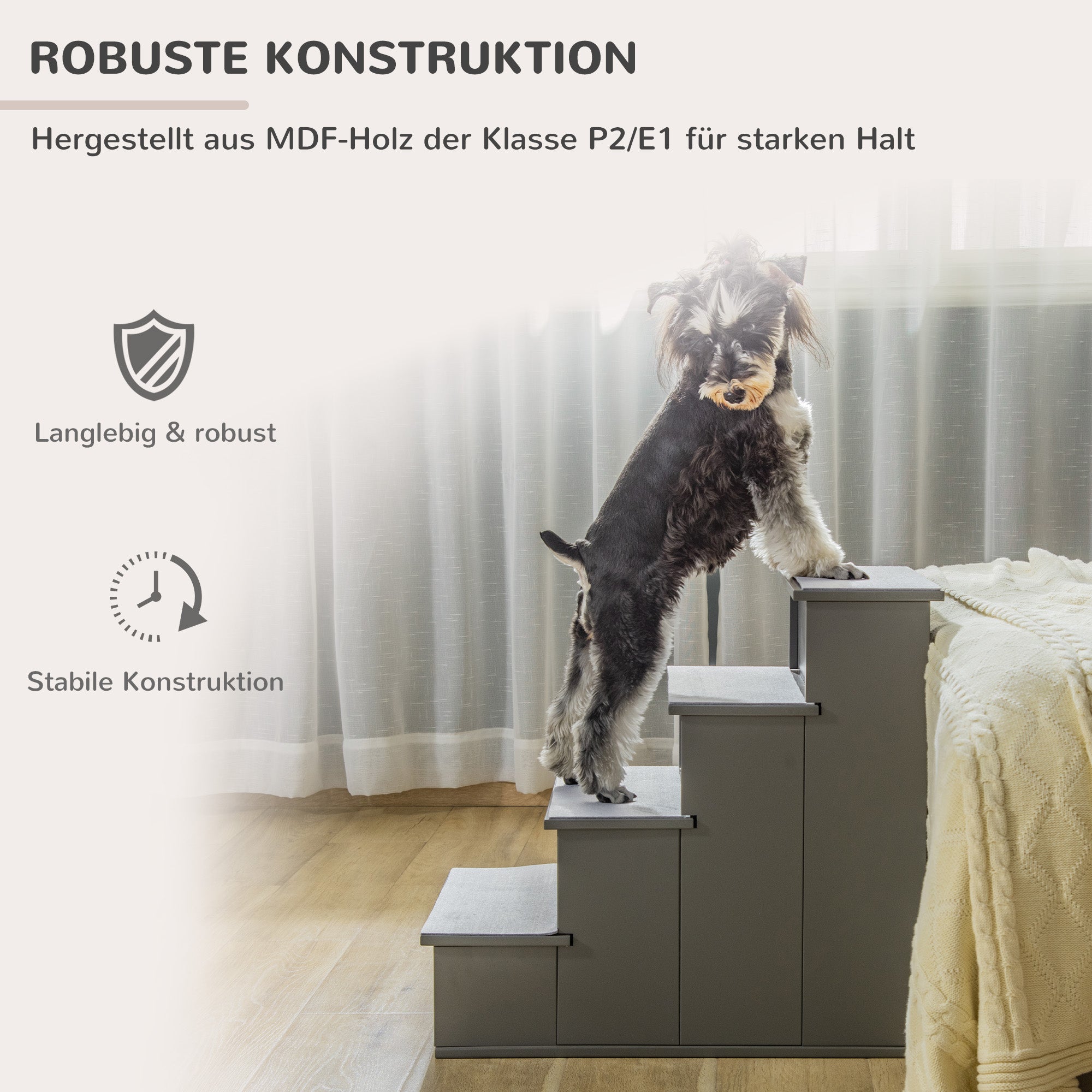 PawHut Haustiertreppe, für Hunde/Katzen, 4-stufig, Kurzplüsch, bis 30 kg, 40 x 59 x 54,2 cm, Grau