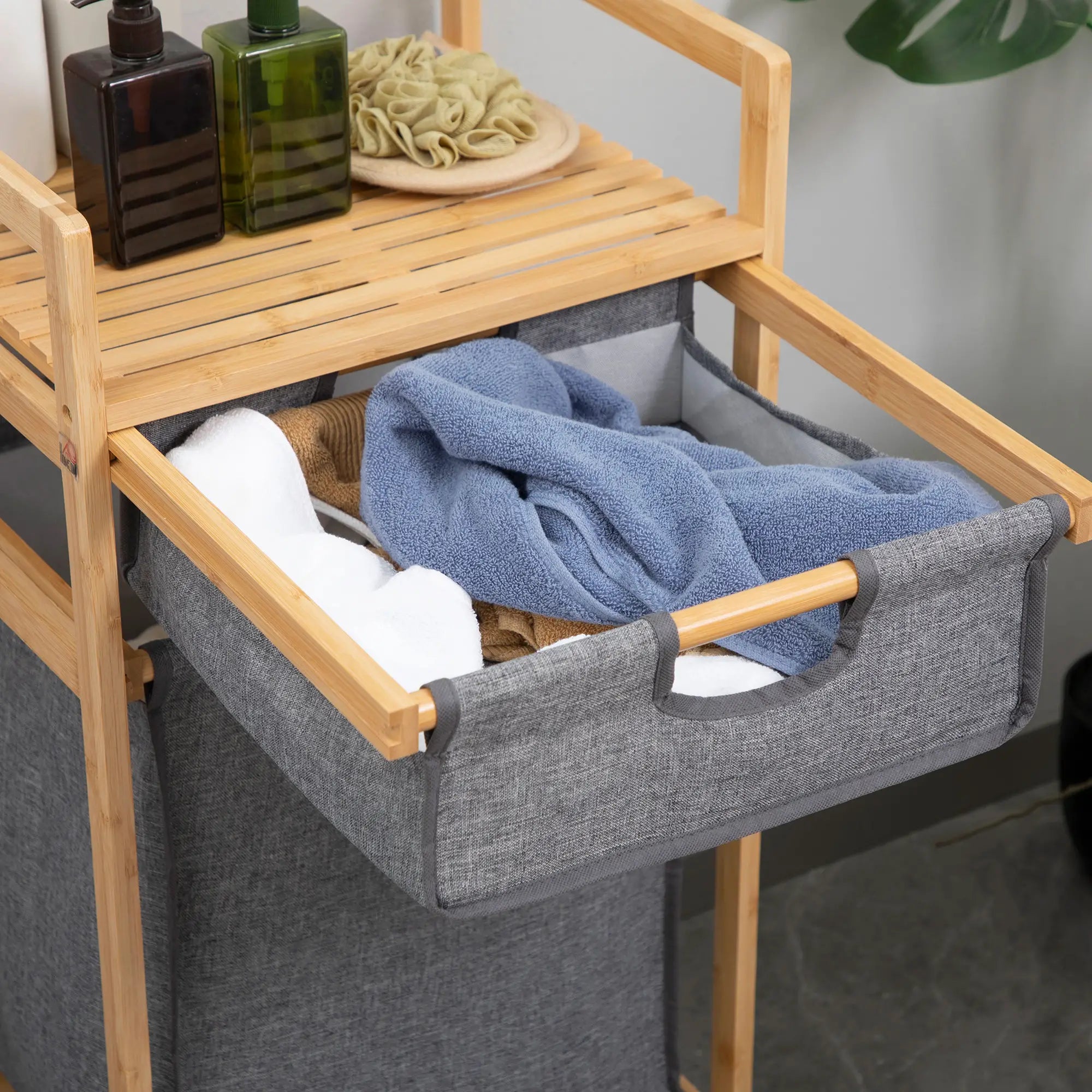 HOMCOM Wäschekorb 2 Fächer mit Rollen Bambus