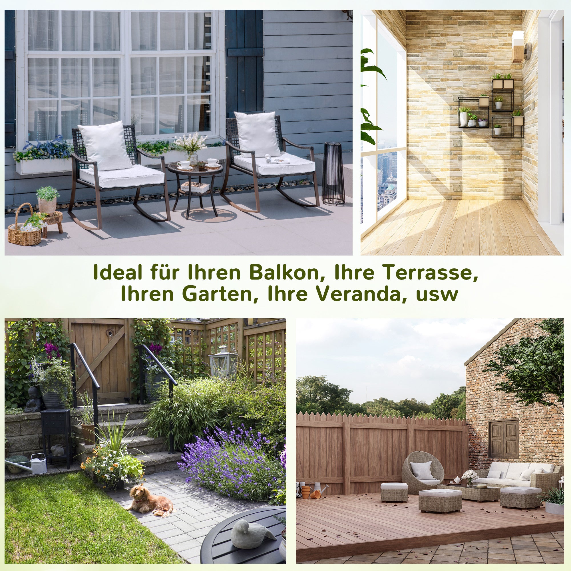 Outsunny Gartenmöbel-Set für 2 Personen, 2 Schaukelstühle, 1 Tisch, inkl. Polster, Braun + Weiß