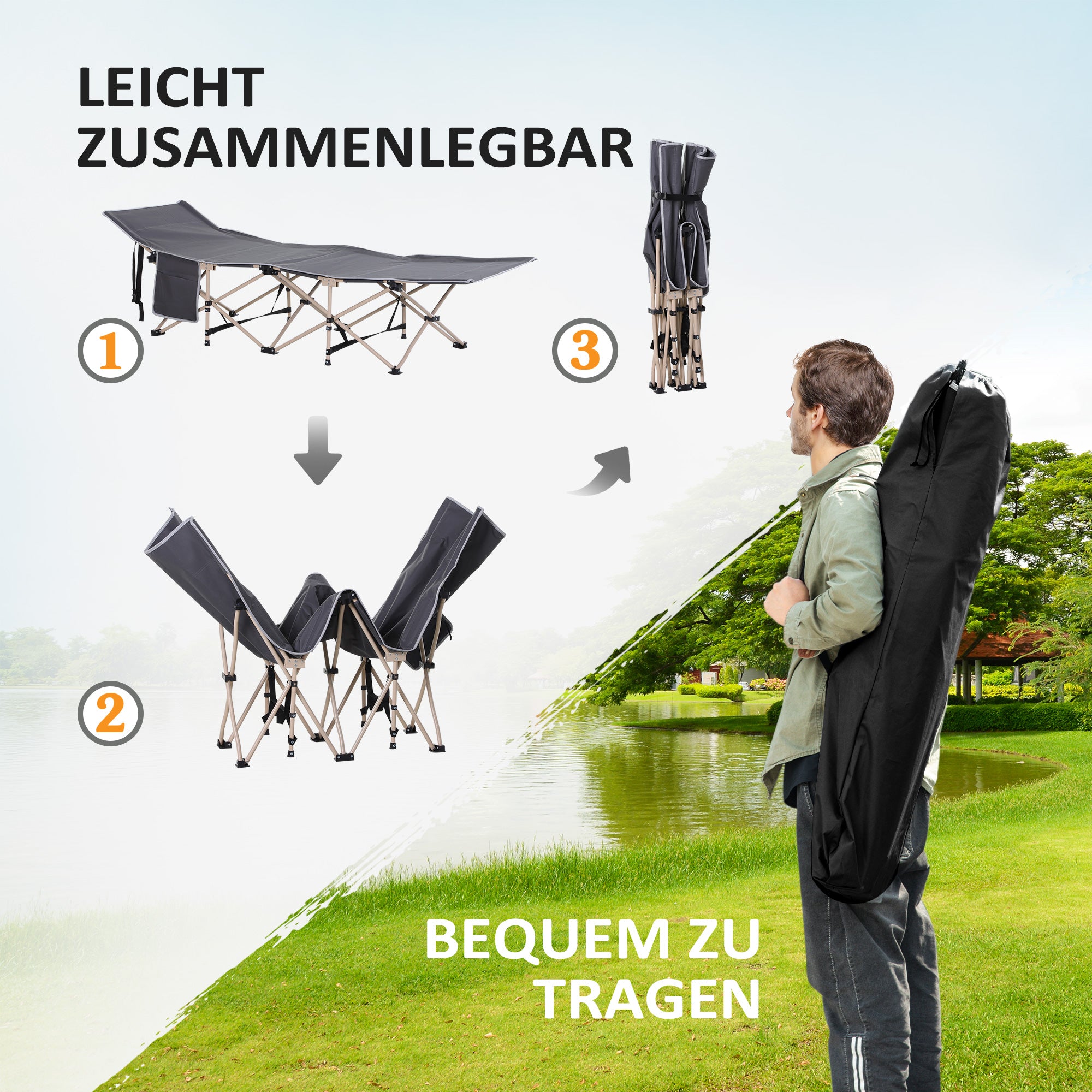 Outsunny Feldbett, Campingbett, klappbar, wetterbeständig, ink. Tragetasche, 190 x 68 x 52 cm, Grau