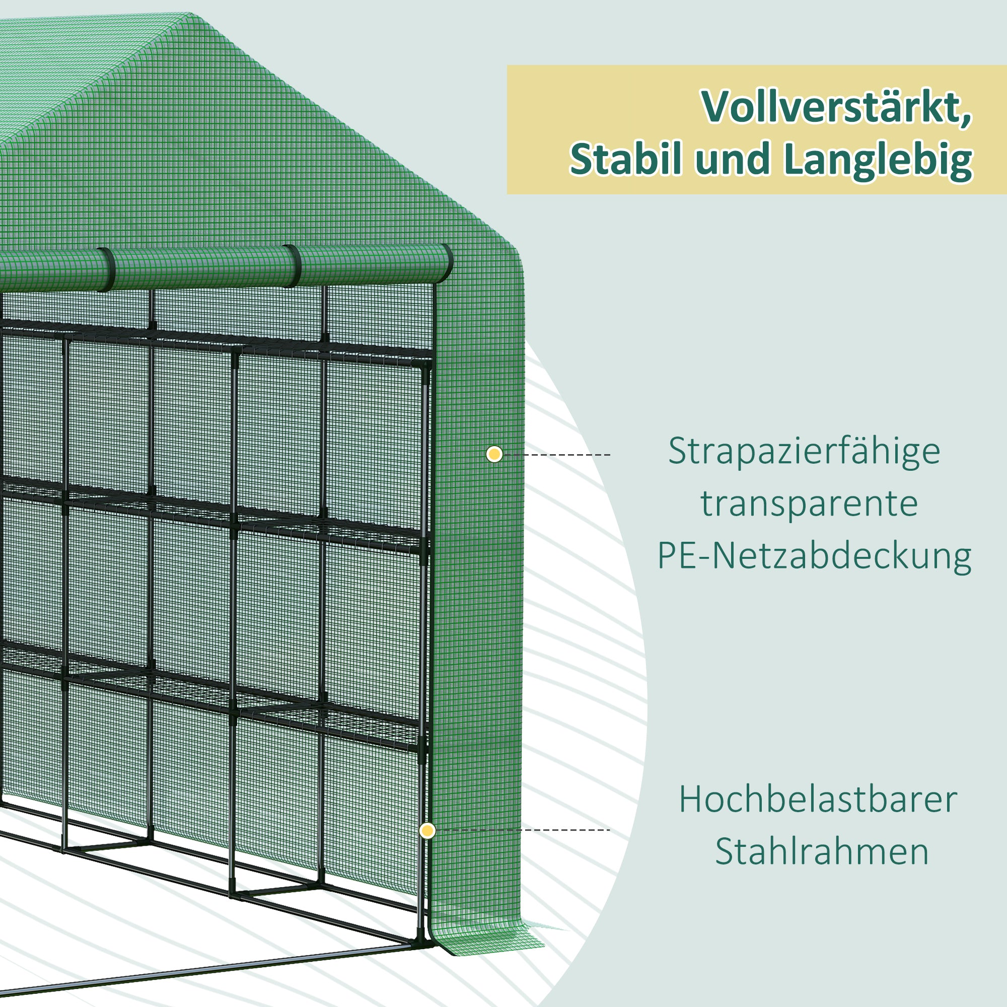 Outsunny Foliengewächshaus begehbares Gewächshaus mit 8 Regalebenen Tomatengewächshaus Treibhaus Frühbeet mit Tür Grün Stahl PE-Kunststoff 244 x 180 x 210 cm