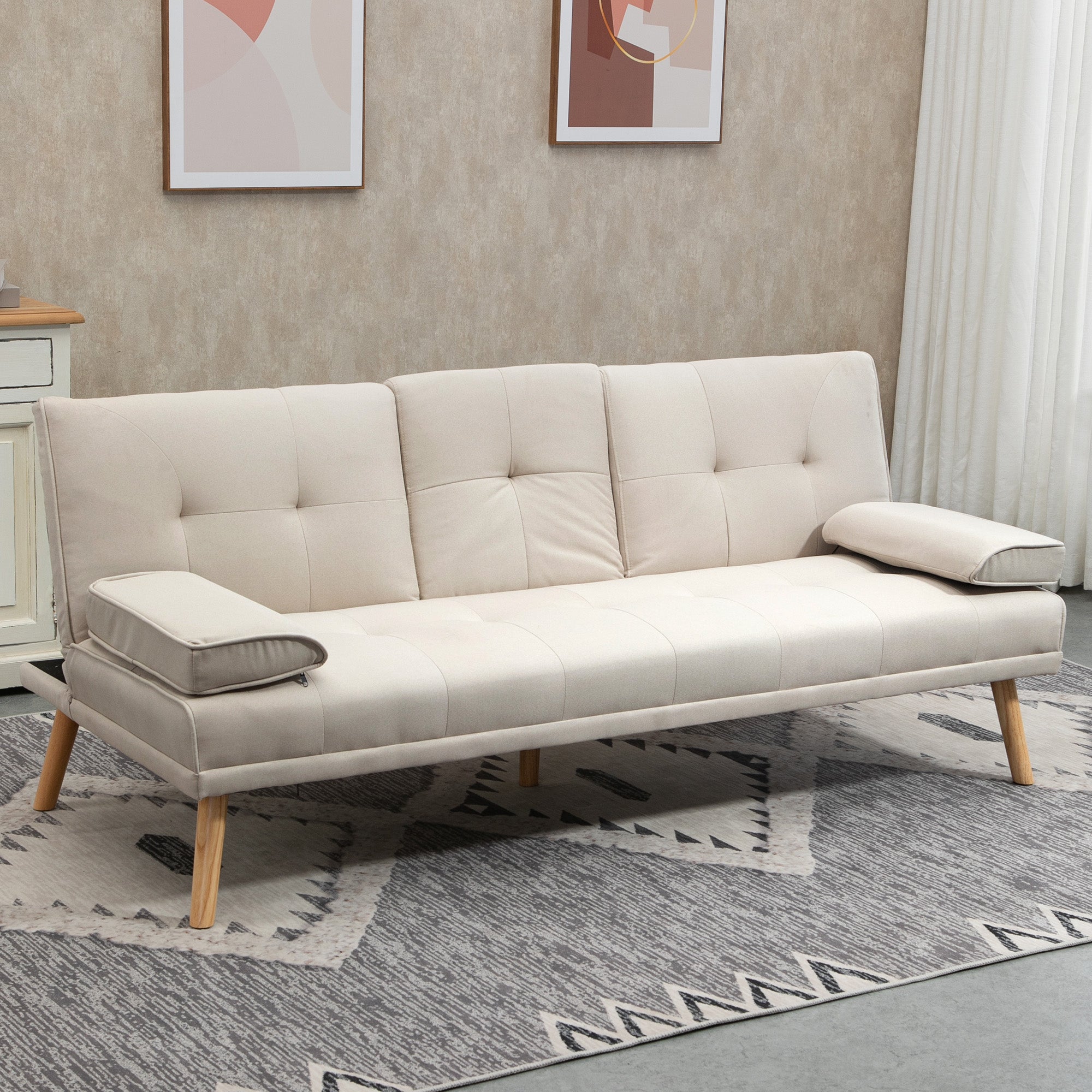 HOMCOM Schlafsofa 3-Sitzer, neigbare Rückenlehne mit Klapptisch, zwei Armpolster, Leinenoptik, beige, 181 x 77 x 78 cm