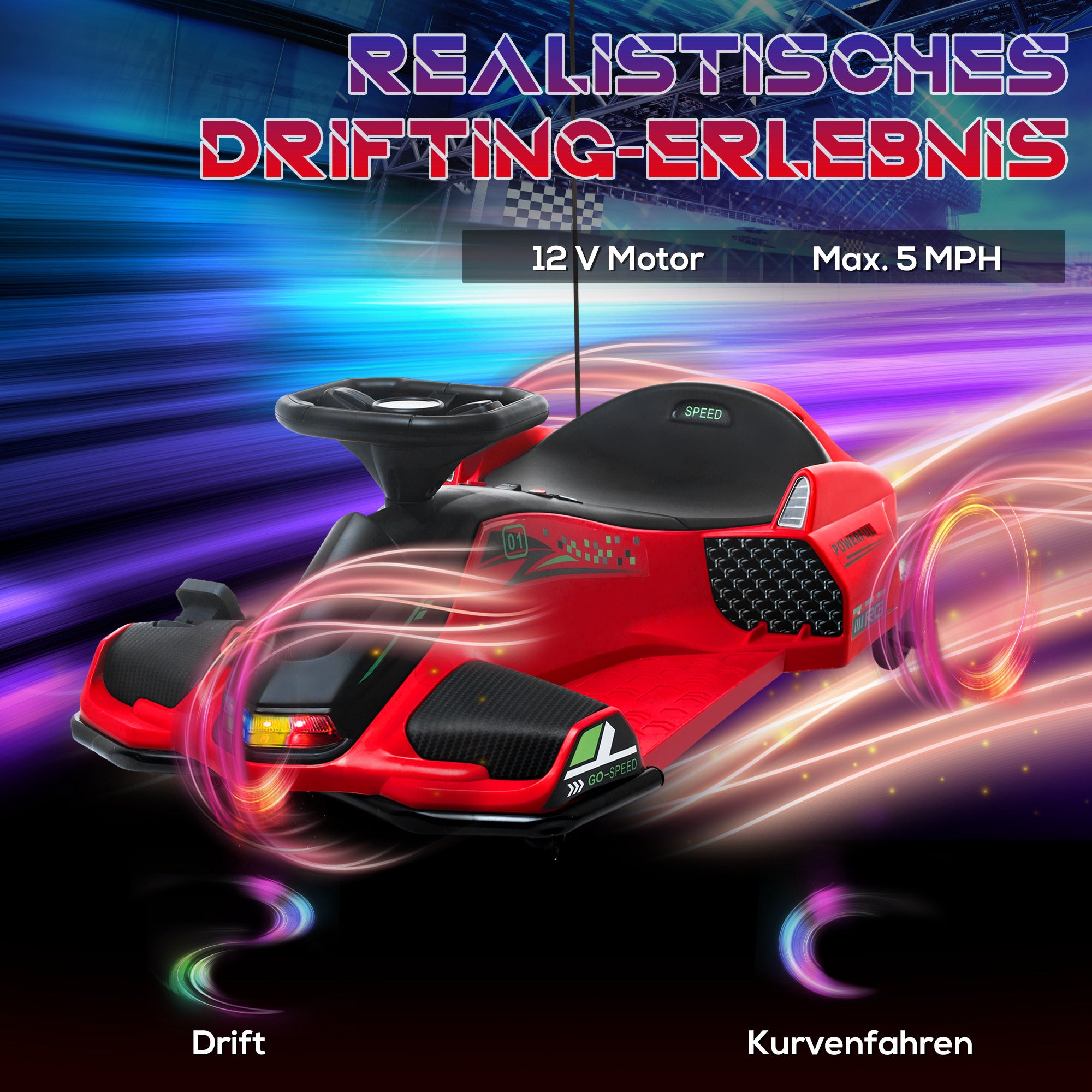 HOMCOM Elektrisches Go-Kart für Kinder, Gummiräder, 3-8 km/h, mit Lichtern und Musikfunktion, Rot