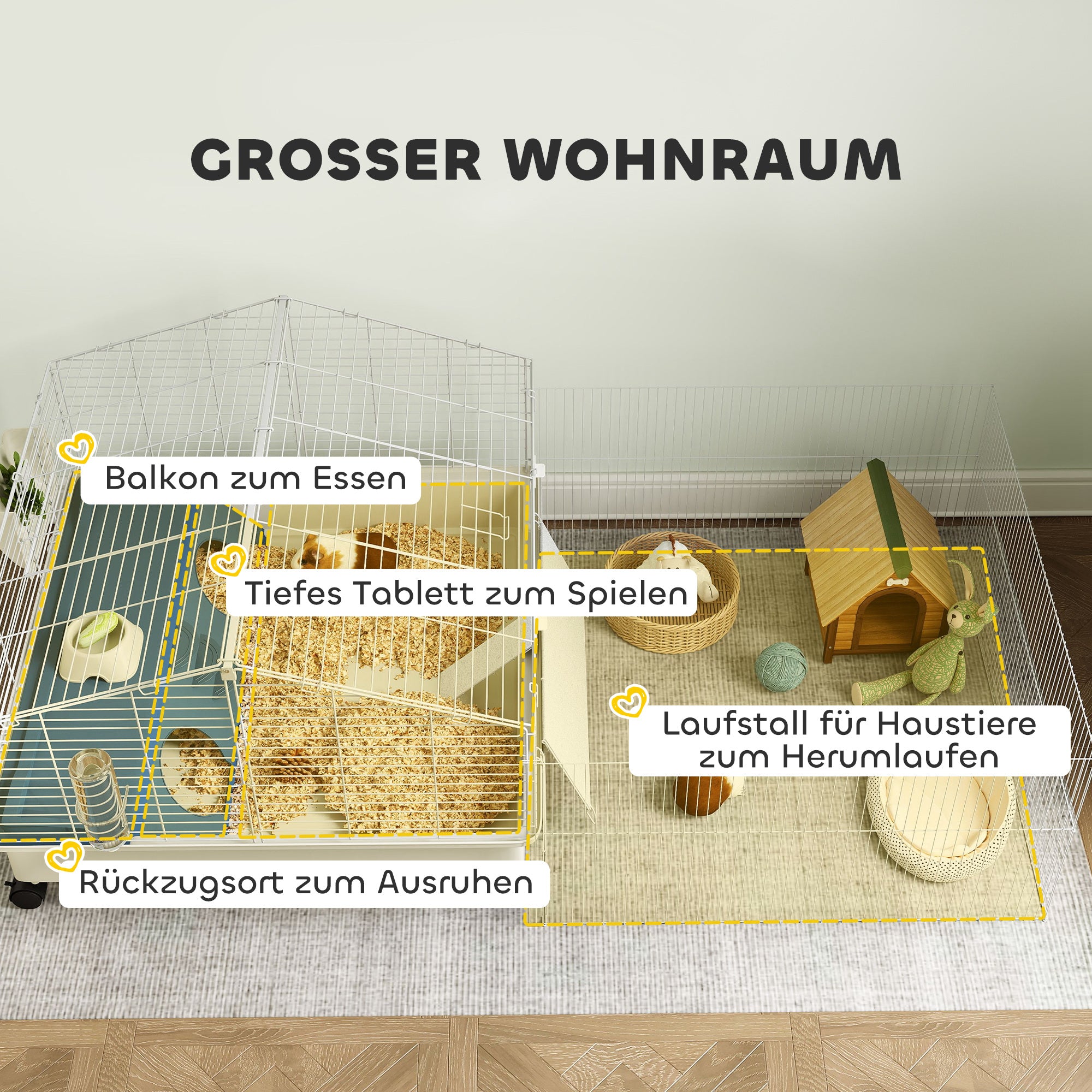 PawHut Kleintierkäfig, Balkon, Rampe, Futtertrog, Wasserflasche, 2-Ebenen-Design, Weiß