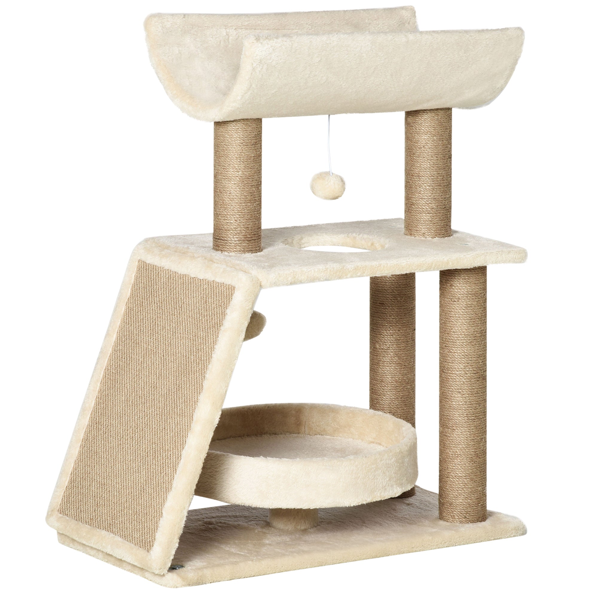 PawHut Kratzbaum Katzenbaum, inkl. Spielzeug und Katzenbett, 60 cm x 30 cm x 76 cm, Creme + Natur
