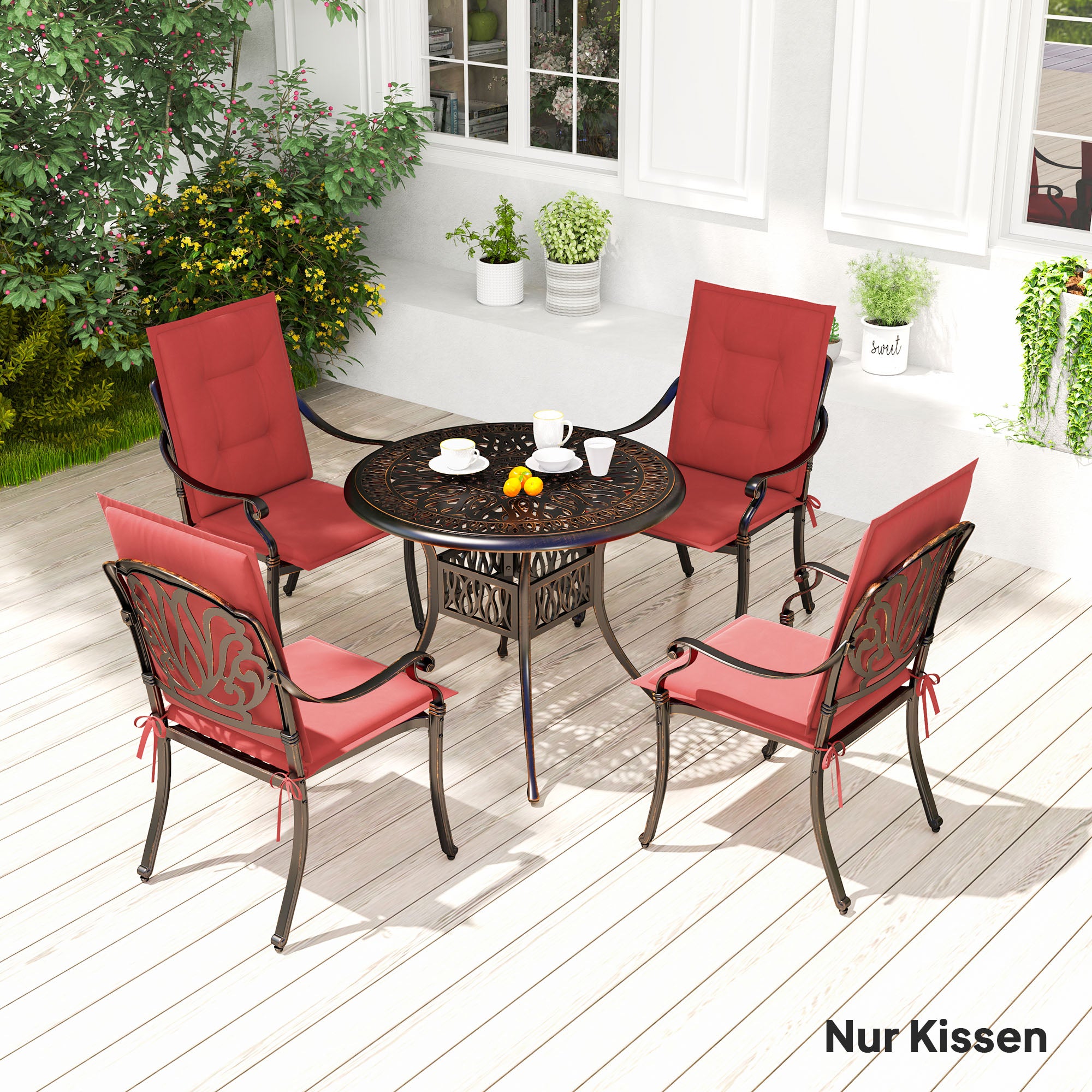 Outsunny 4er Set Sitzkissen 108 x 50 x 5 cm Stuhlkissen mit Bändern, Outdoor Indoor Sitzauflage Weinrot