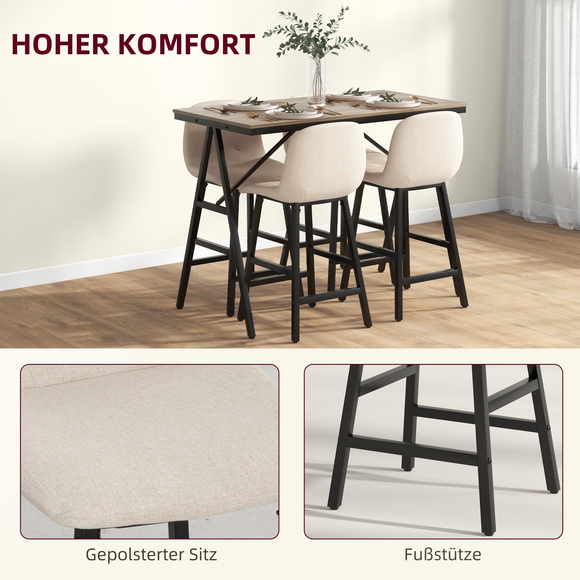 HOMCOM Bargarnitur 5-teilig, Tisch und 4 Stühle, Knopfheftung, dicke Polsterung, Leinenoptik, Beige